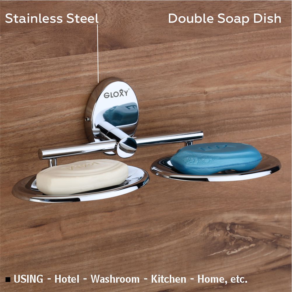 Gloxy Oval Shape Stainless Steel 202 Grade Chrome Finish Double Soap Holder