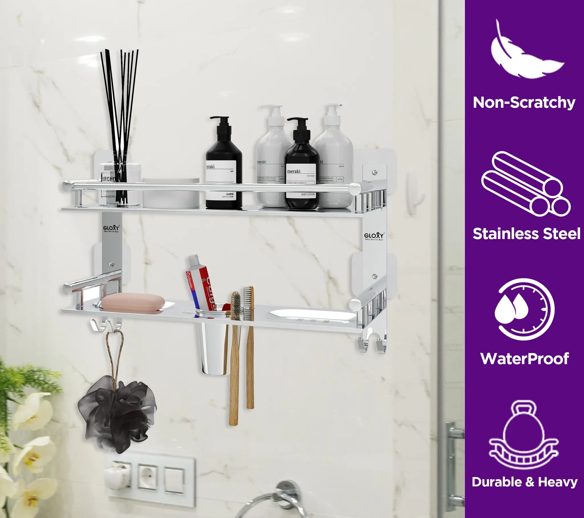 Gloxy Stainless Steel 2-Layer Chrome Finish Bathroom Shelf with Soap Dish, Tumbler Holder, Hooks-Adhesive Sticker Installation