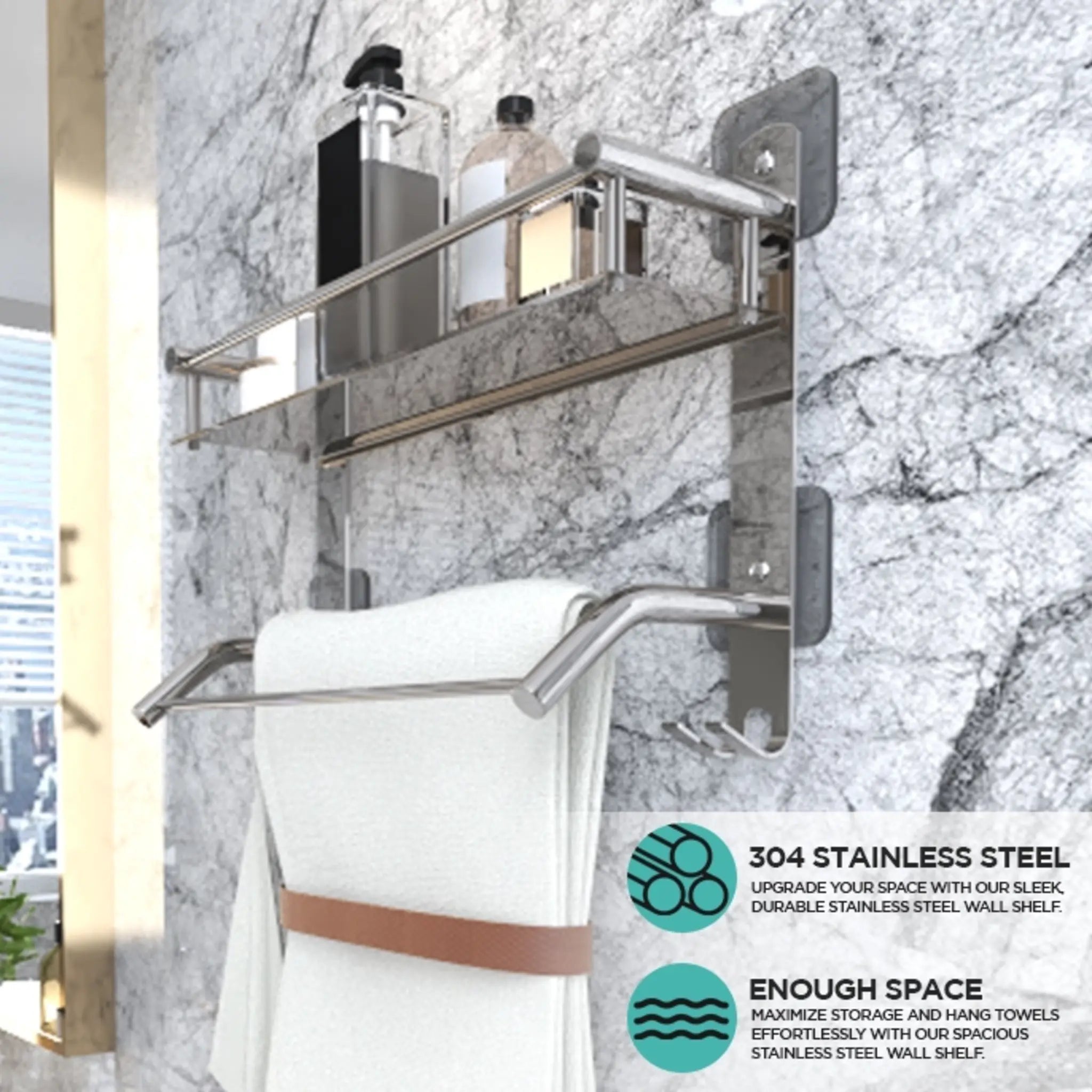 Gloxy Stainless Steel 2-Layer Chrome Finish Bathroom Shelf with Towel Rod & Hooks-Adhesive Sticker Installation