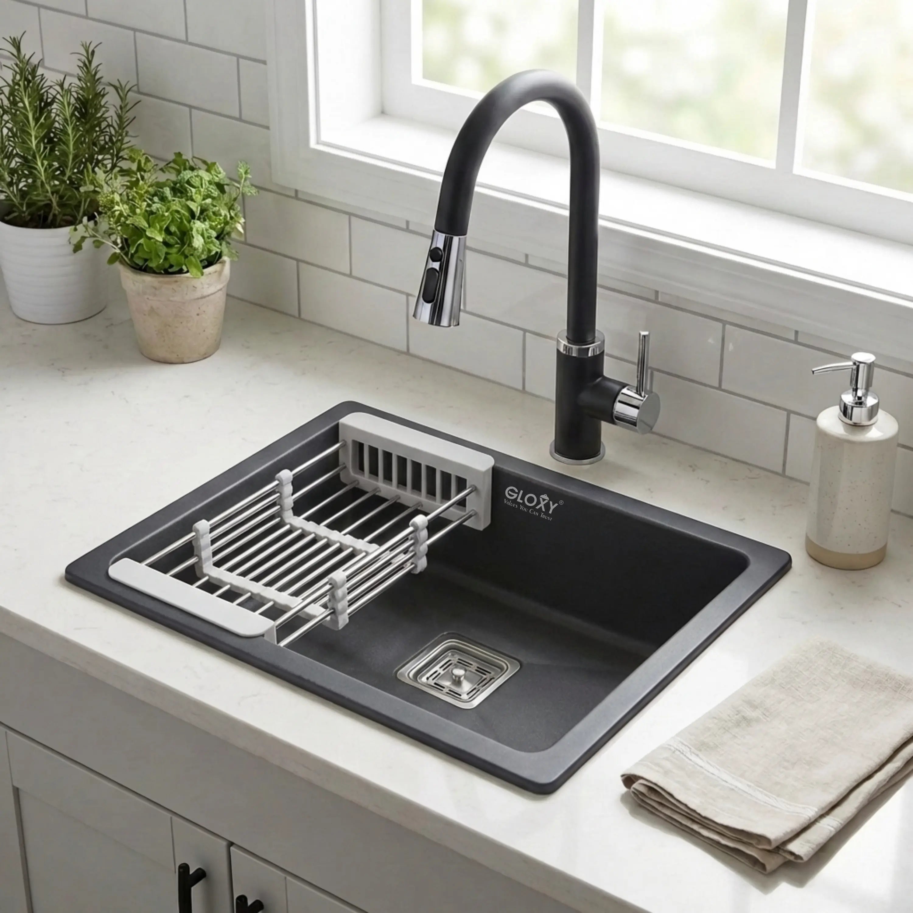 Gloxy Stainless Steel Handmade Single Bowl Kitchen Sink Size 16x18 Inch -Black