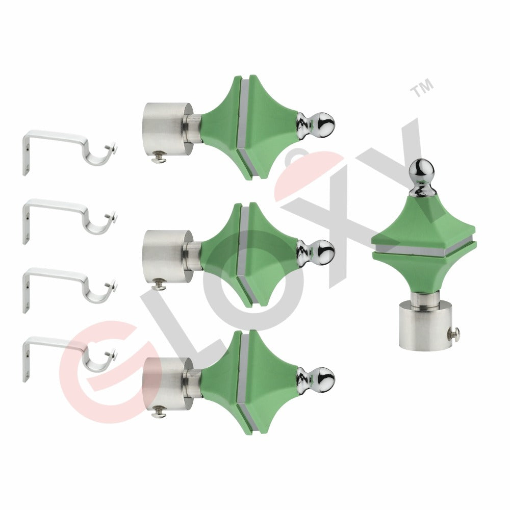 Gloxy Hexa Shape Stainless Steel & ABS Curtain Rod Finials with Support– Green 2 Pair