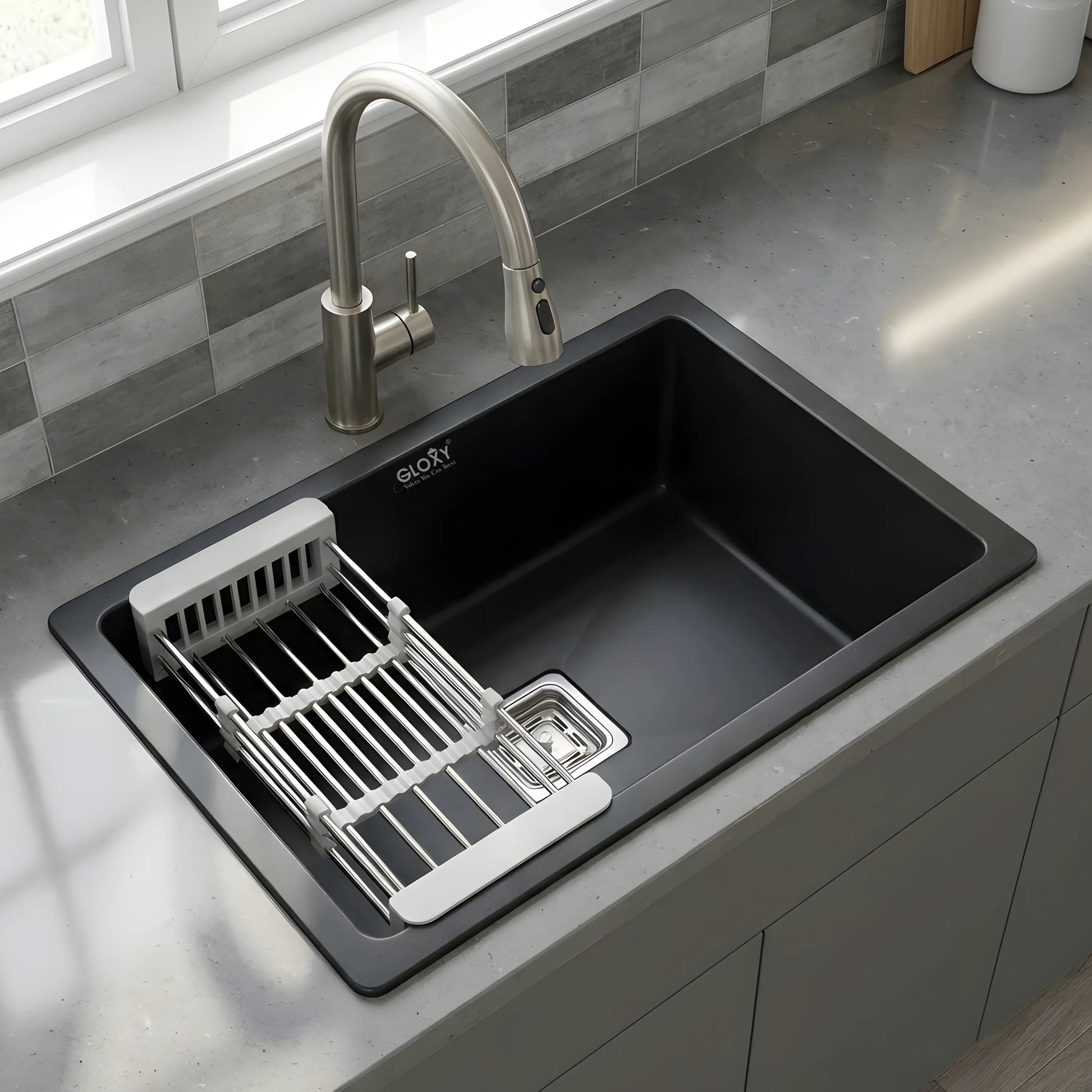 Gloxy Stainless Steel 304 Grade Single Bowl Quartz Kitchen Sink 21x18 Inch- Black