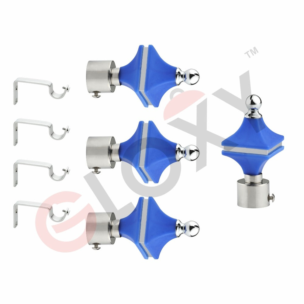 Gloxy Hexa Shape Stainless Steel & ABS Curtain Rod Finials with Support– Blue 2 Pair