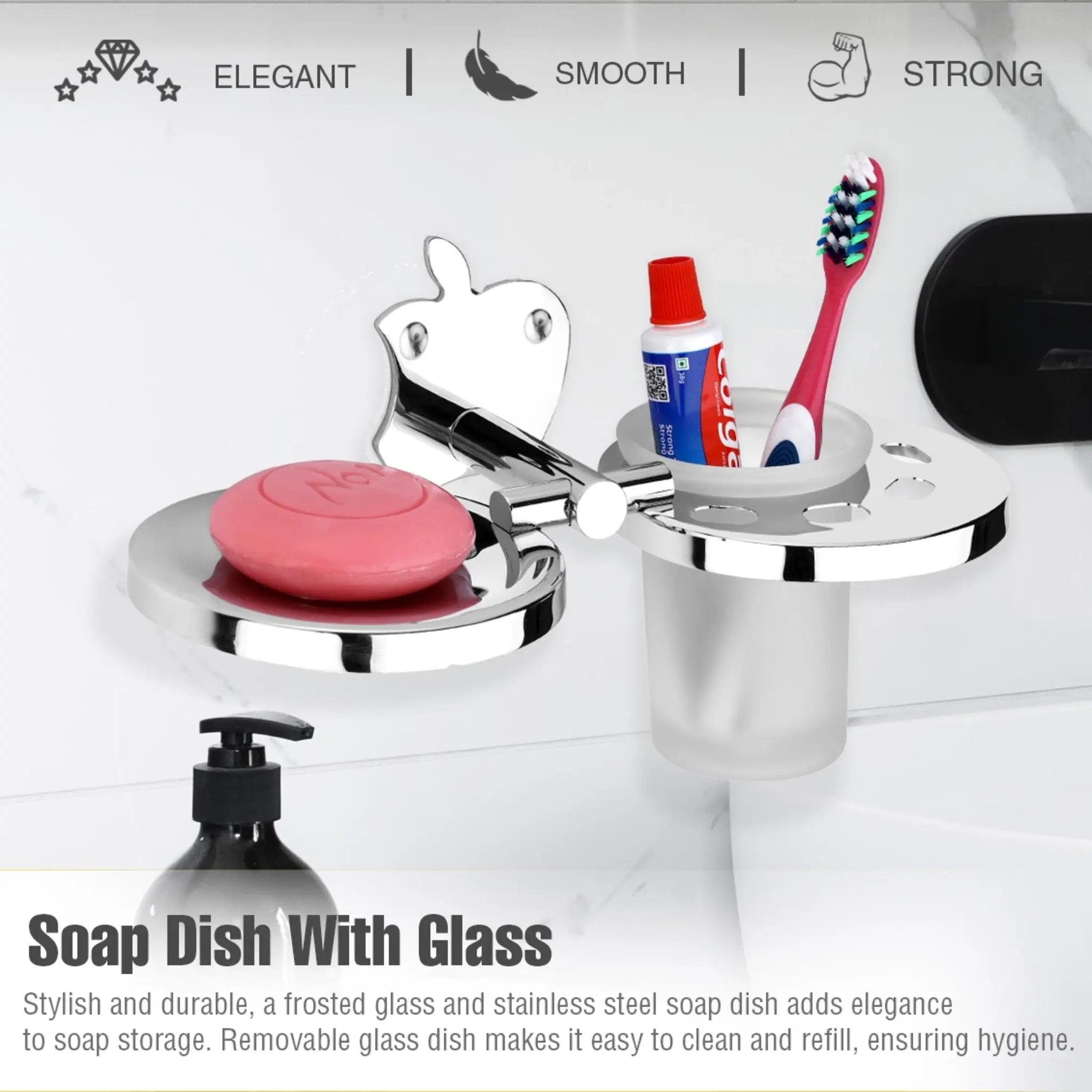 Stainless Steel SS304 Soap Dish with Glass (Silver)-by GLOXY®