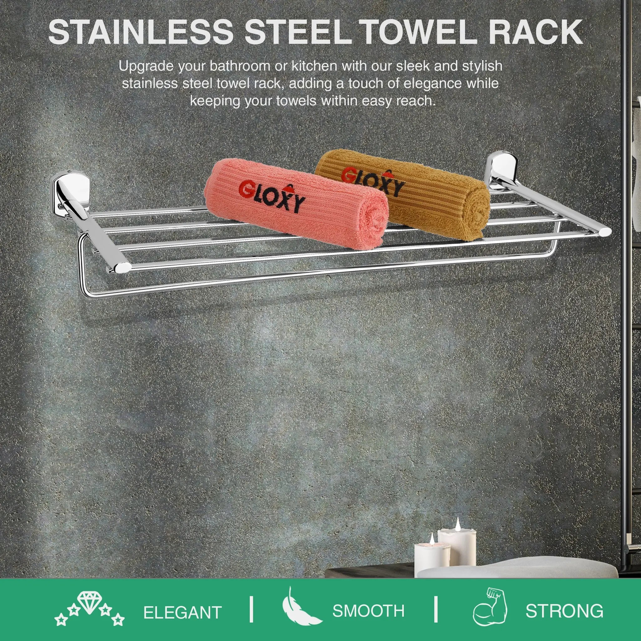 Rectangular Shape Stainless Steel Towel Rack (24 inch, Silver)-by GLOXY®