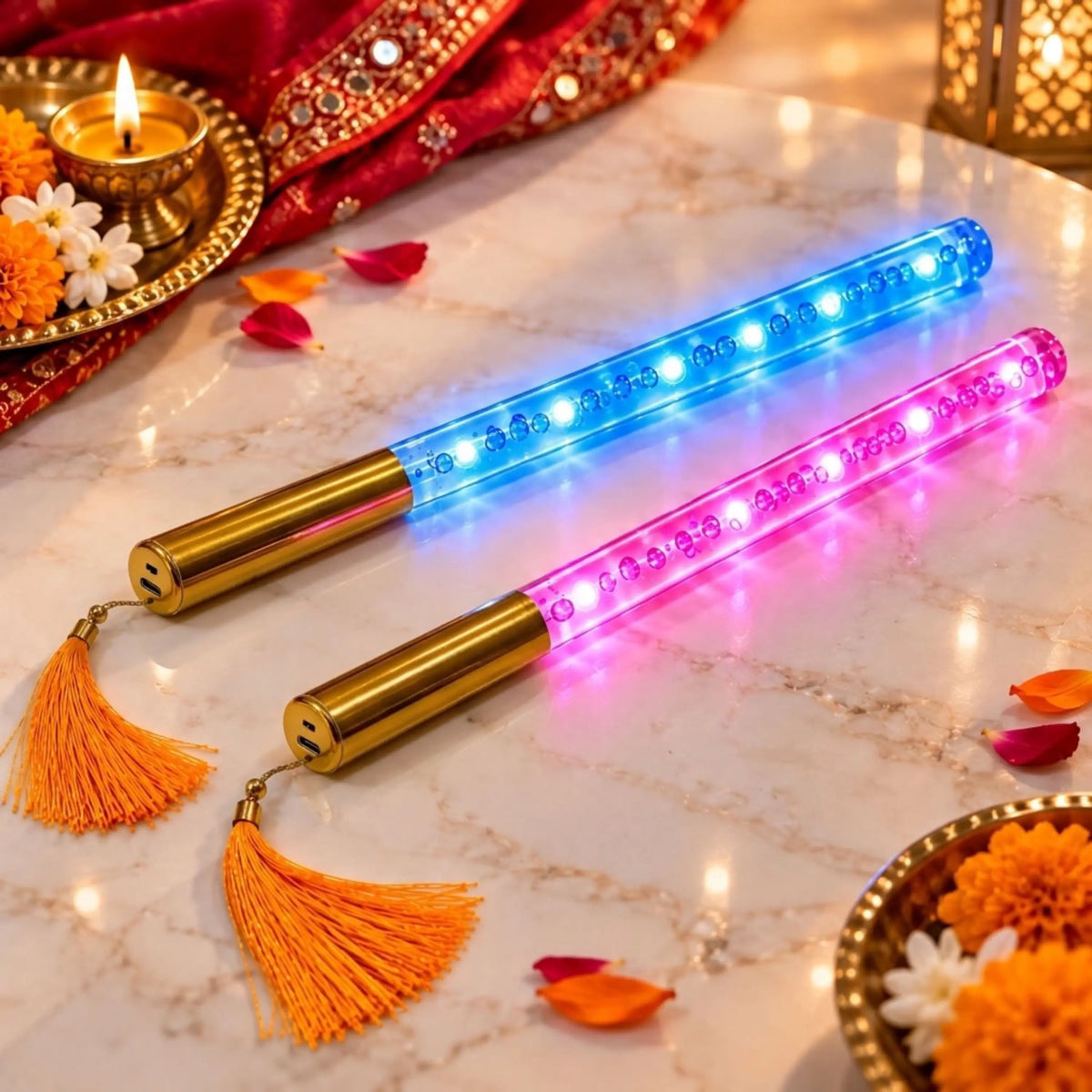 Multi Colour LED Dandiya Sticks for Garba & Navratri – Rechargeable Colour Changing Light Up Dandiya | Gold