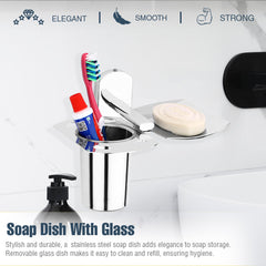 Rectangular Shape Stainless Steel Silver Soap Holder with Glass Toothbrush Holder