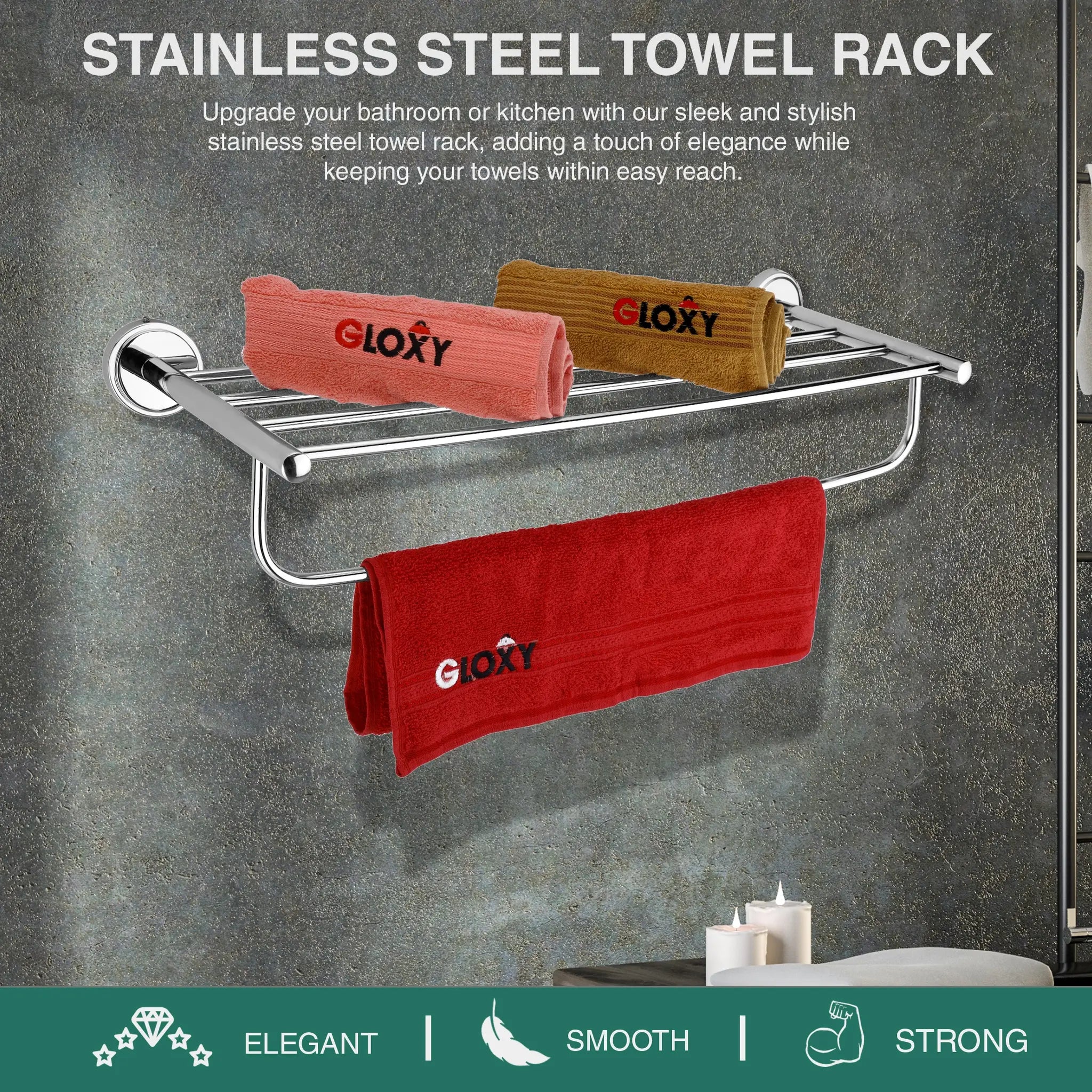 Micro Shape Stainless Steel SS202 Towel Rack (65 X 20 X 11 Centimeters, Silver)-by GLOXY®