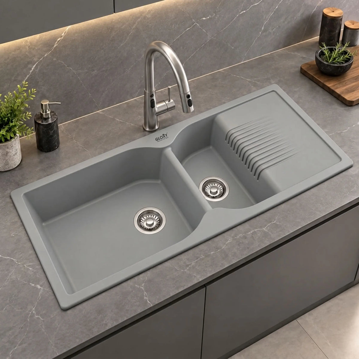 GLOXY Quartz Granite Double Bowl Kitchen Sink with Drain Board | 45 × 20 × 9 Inches (Grey Matte)