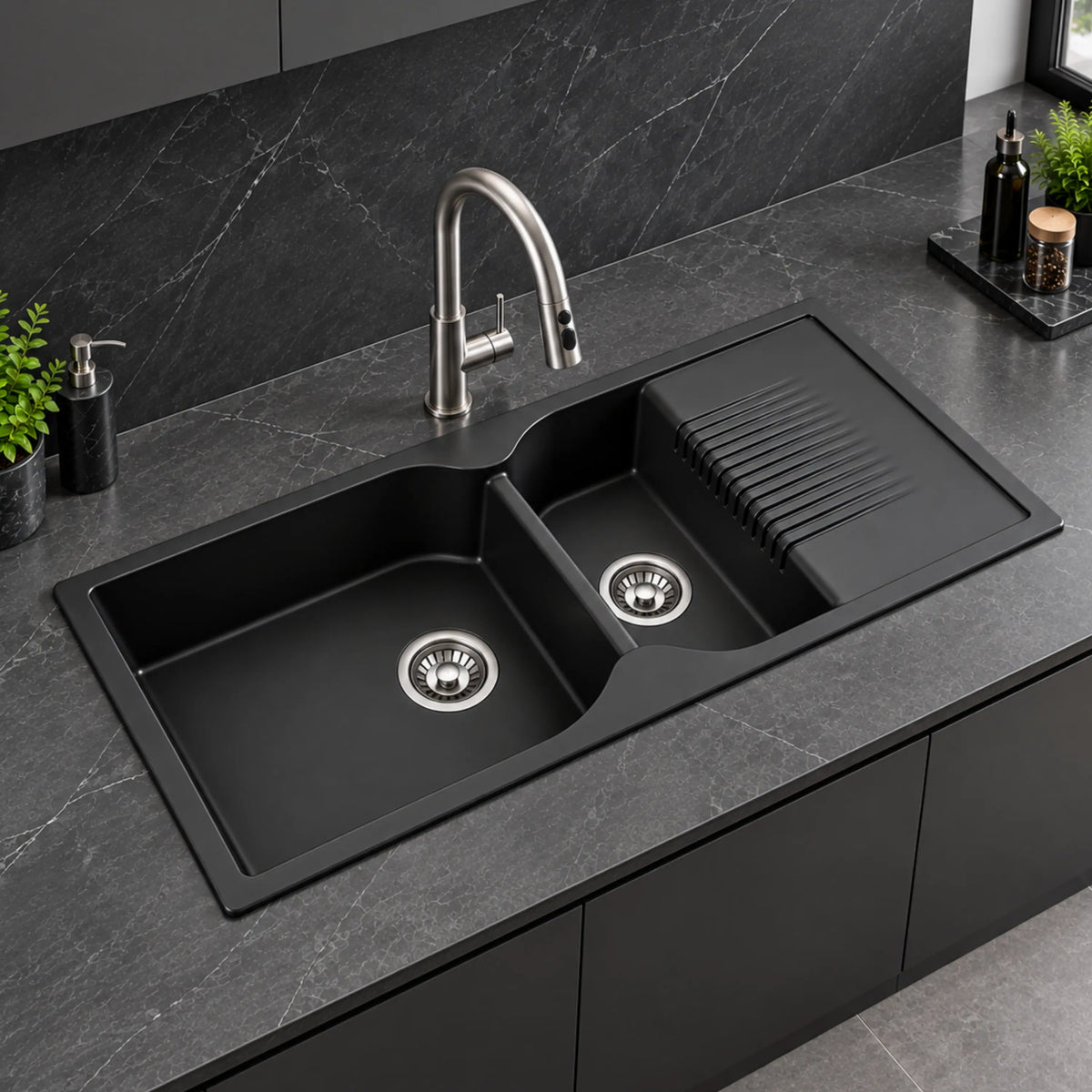 Gloxy Quartz Granite Double Bowl Kitchen Sink with Drain Board | 45 × 20 × 9 Inch  (Black Matte)