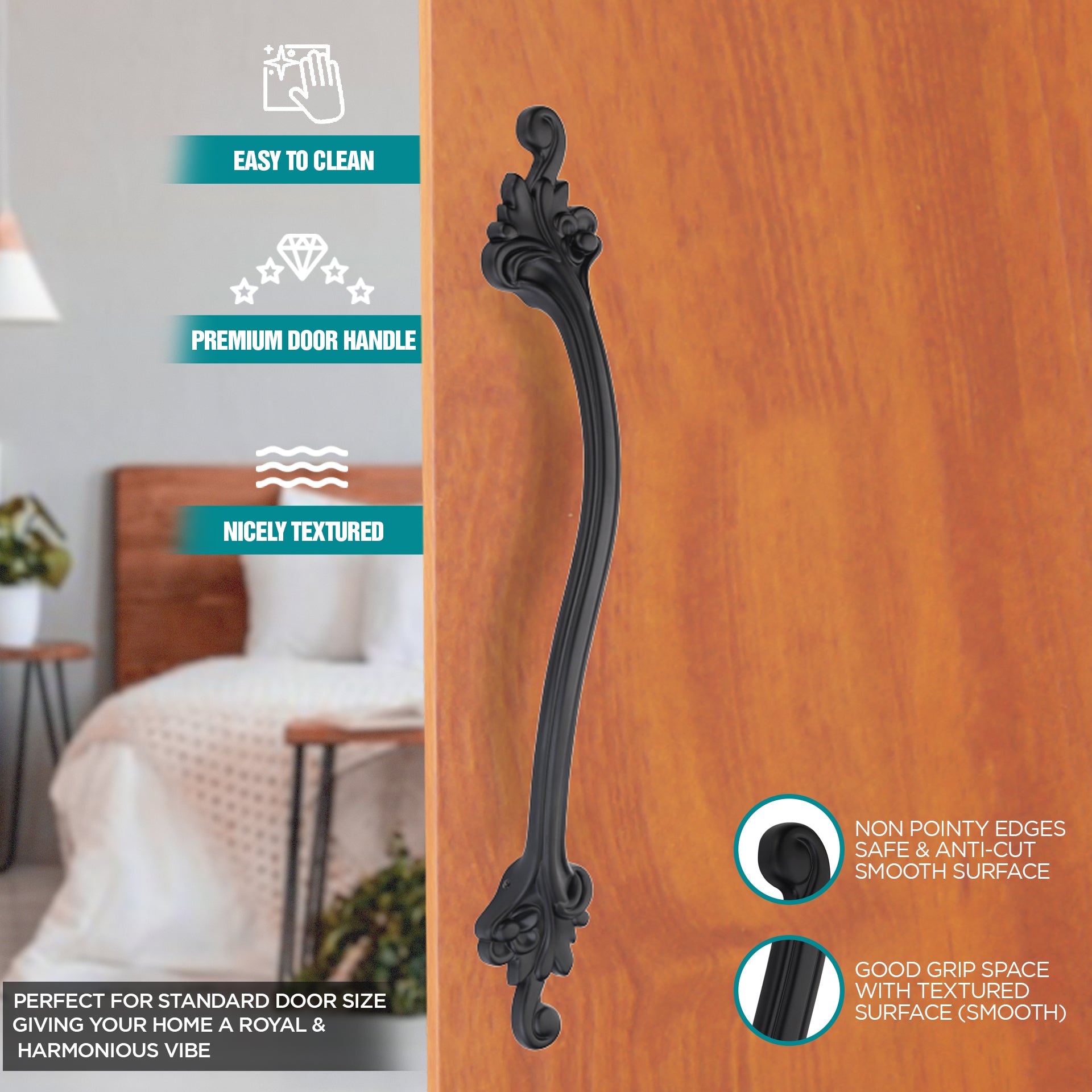 GLOXY Aluminium 14 Inch Flower Design Door Handles for Main Door Handle Decorative Push & Pull Handle for Glass & Wooden Door for All The Doors of Houses, Offices, Hotels-Black Finish