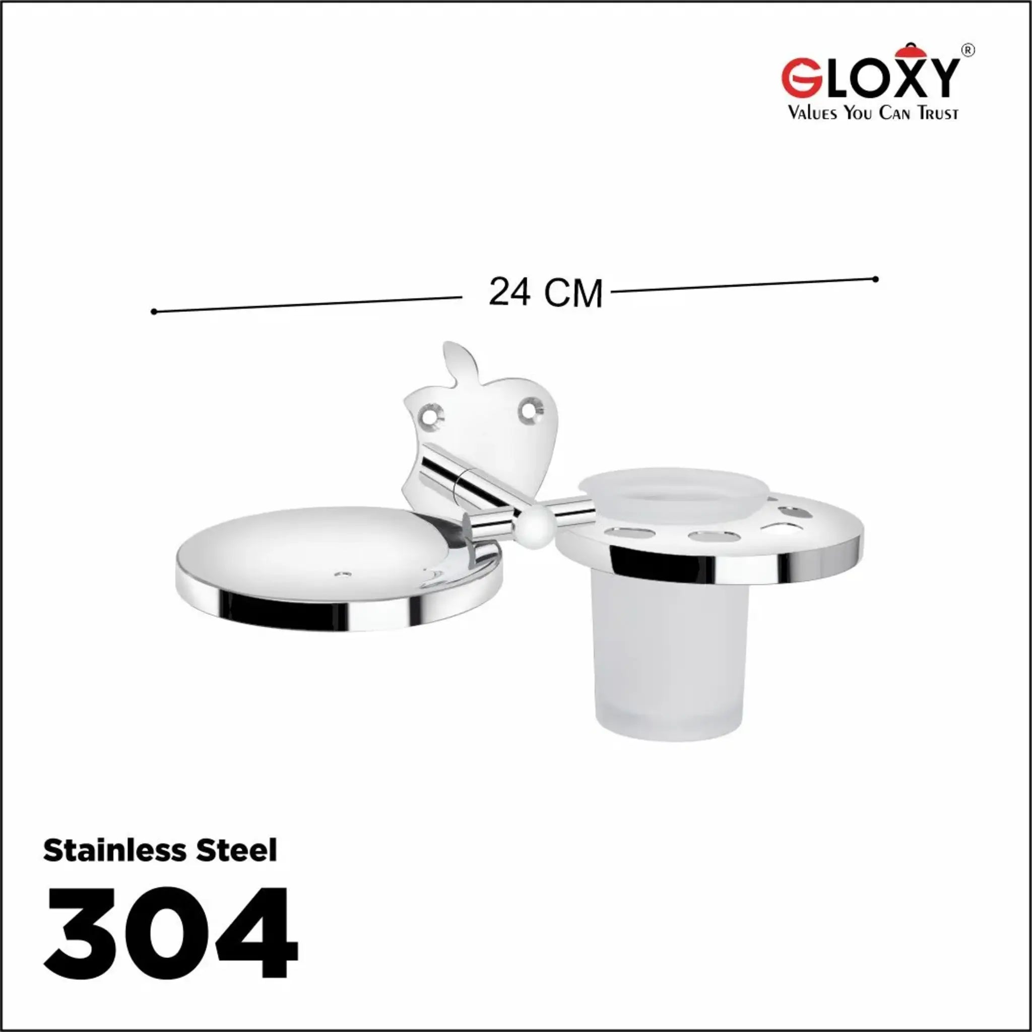 Gloxy Apple Shape Stainless Steel 304 Grade Chrome Finish Single Soap Holder With Glass Tumbler Holder