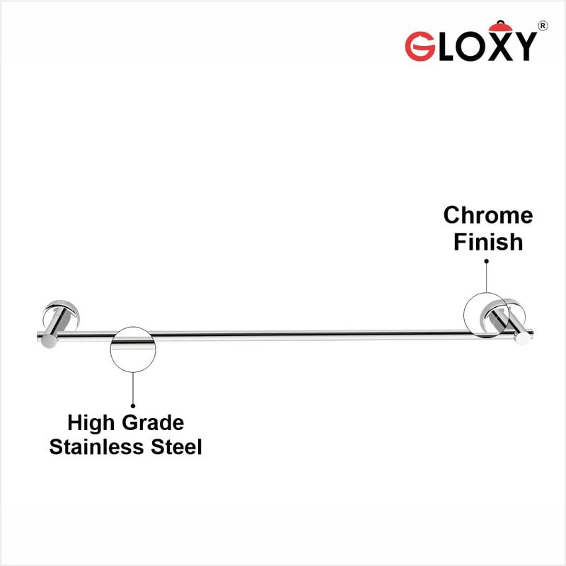 Towel bar with chrome finish and high grade stainless steel text on a white background.
