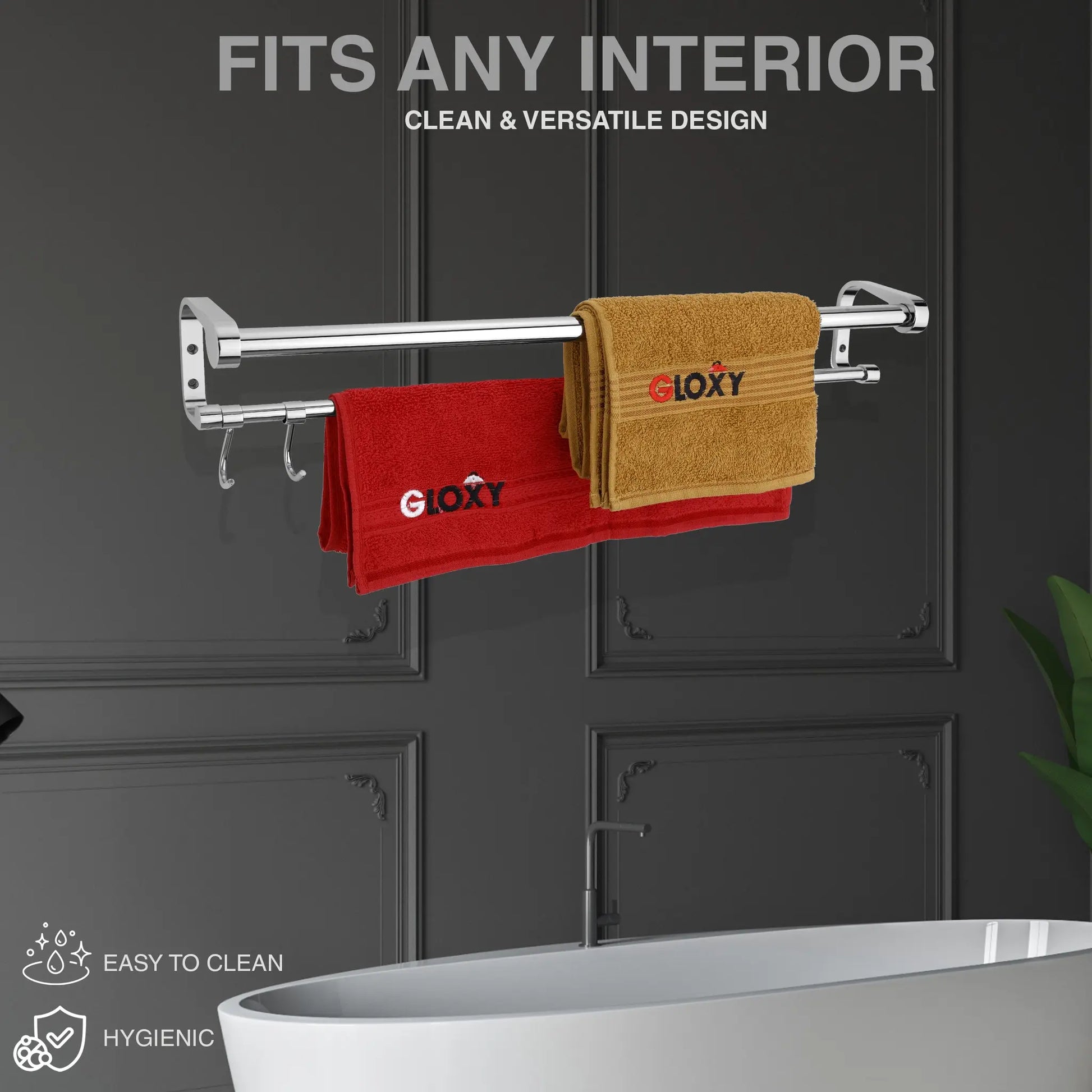 Towel rack with red and yellow towels against a dark panel background fits in a interior