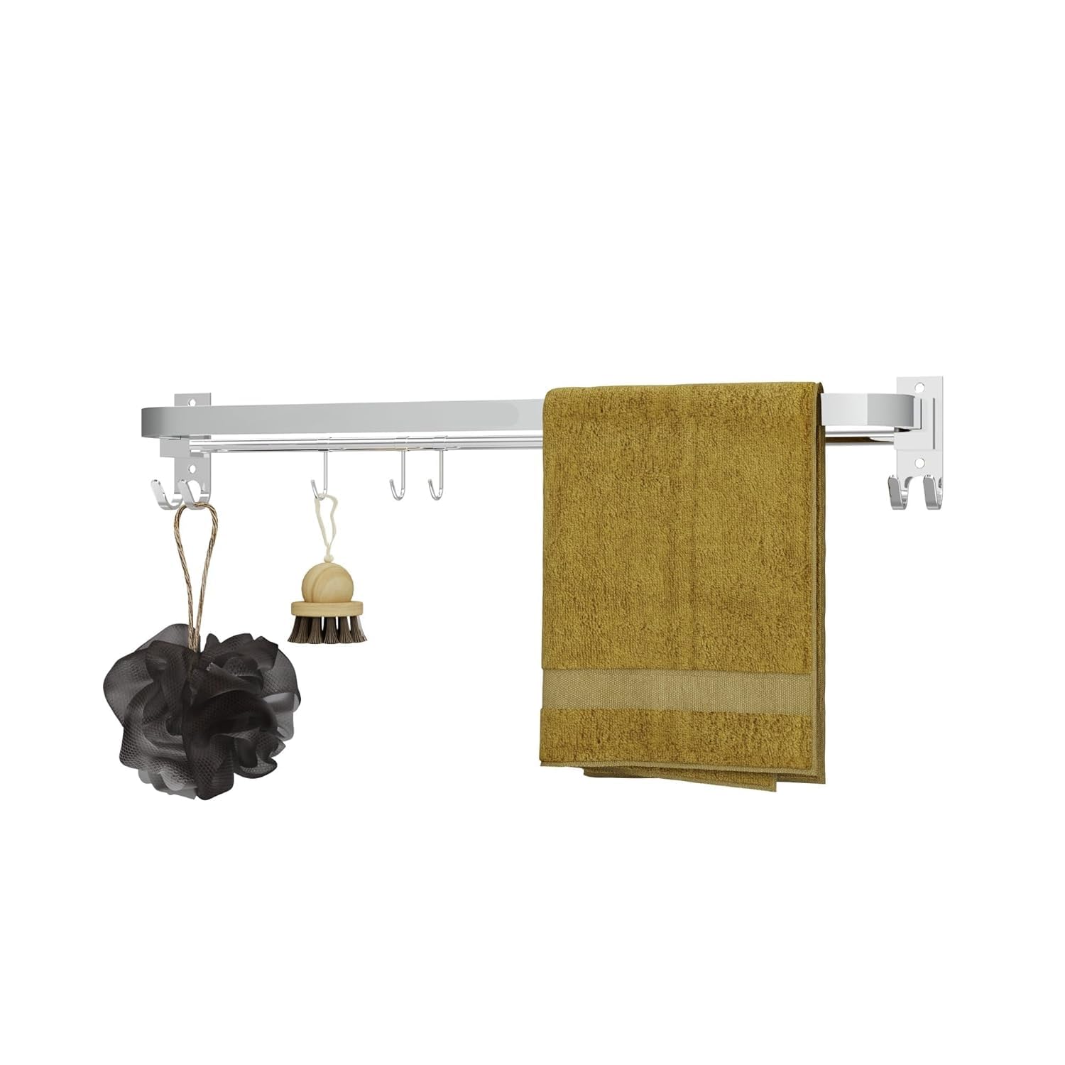 Metal towel rack with a towel and bath brush on a white background