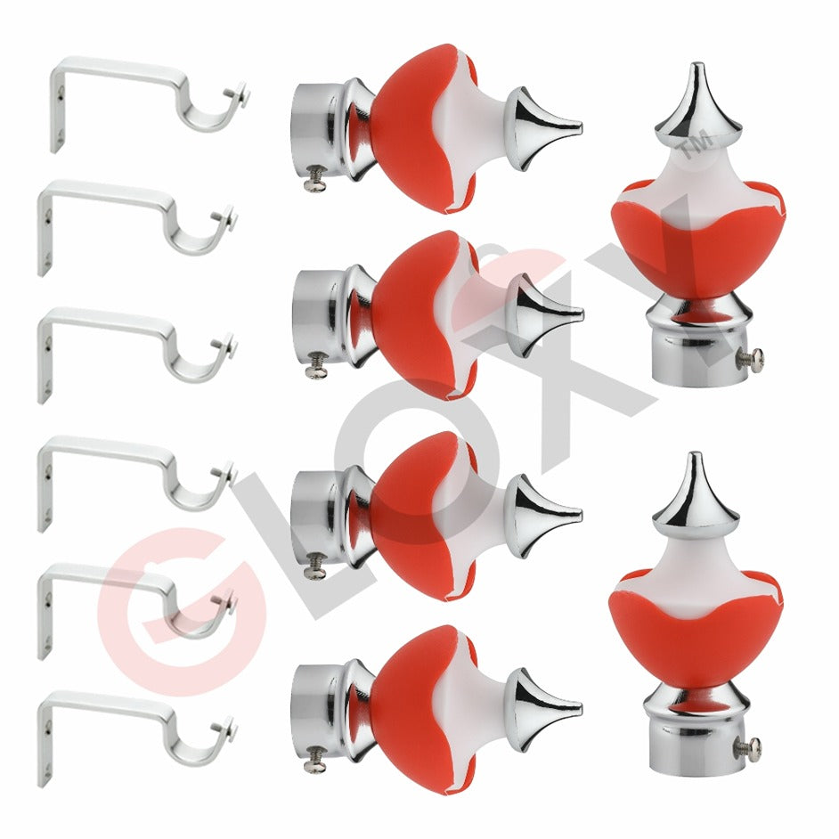 Gloxy Double Colour Stainless Steel & ABS Curtain Rod Finials with Support–Red 3 Pair