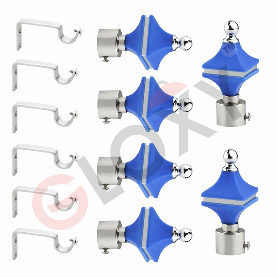Gloxy Hexa Shape Stainless Steel & ABS Curtain Rod Finials with Support– Blue 3 Pair