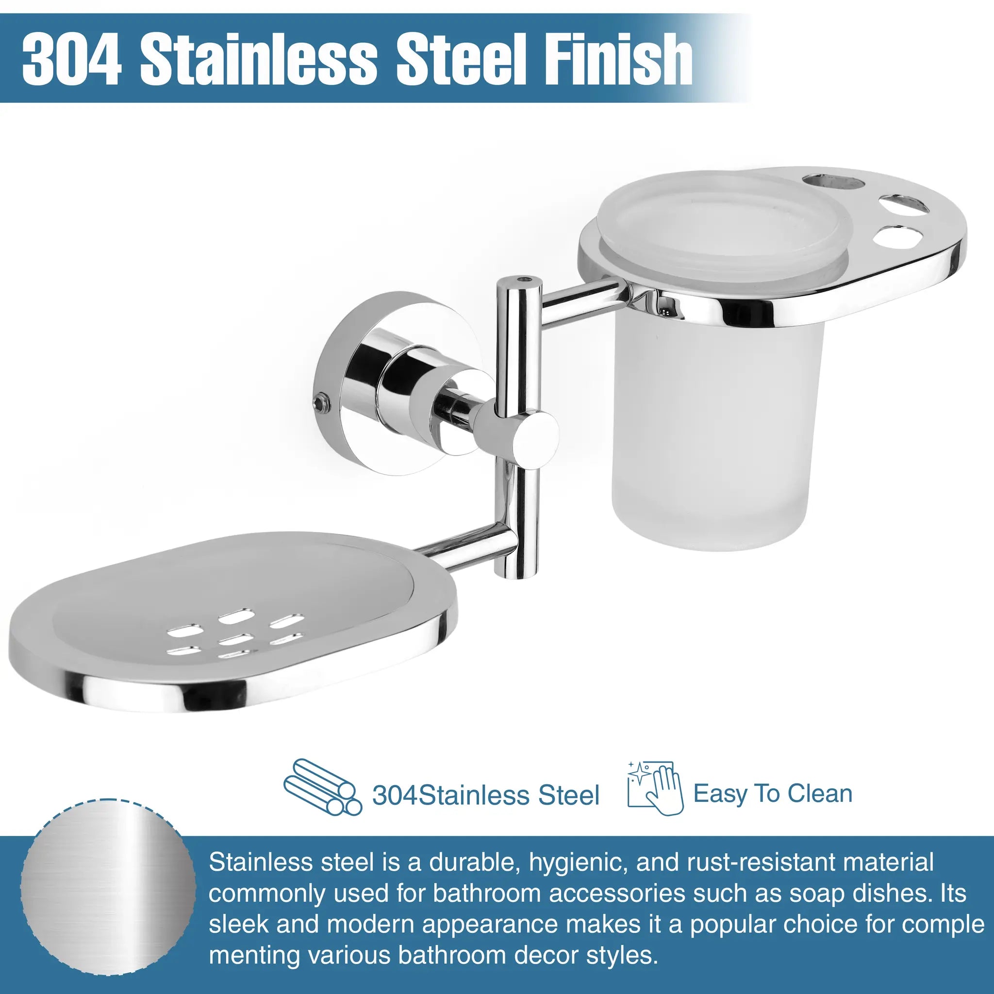 Round Shape Stainless Steel SS304 Soap Dish with Glass Toothbrush Holder(Silver)-by GLOXY®