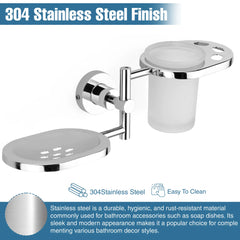 Round Shape Stainless Steel SS304 Soap Dish with Glass Toothbrush Holder(Silver)-by GLOXY®