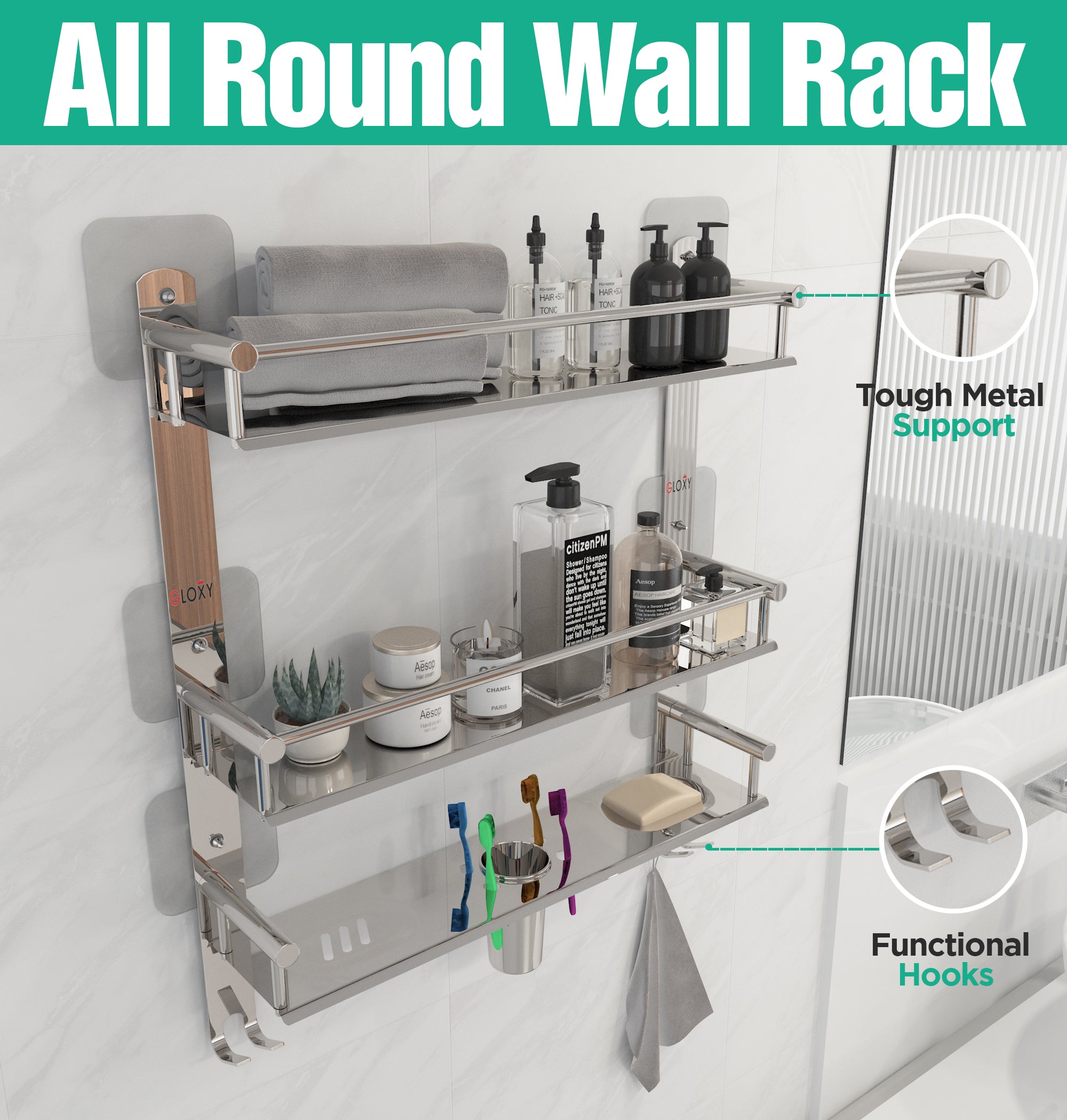 Rectangular Shape Stainless Steel Magic Sticker Shelf Adhesive Anti Rust 3 Layer Multipurpose Bathroom Shelf