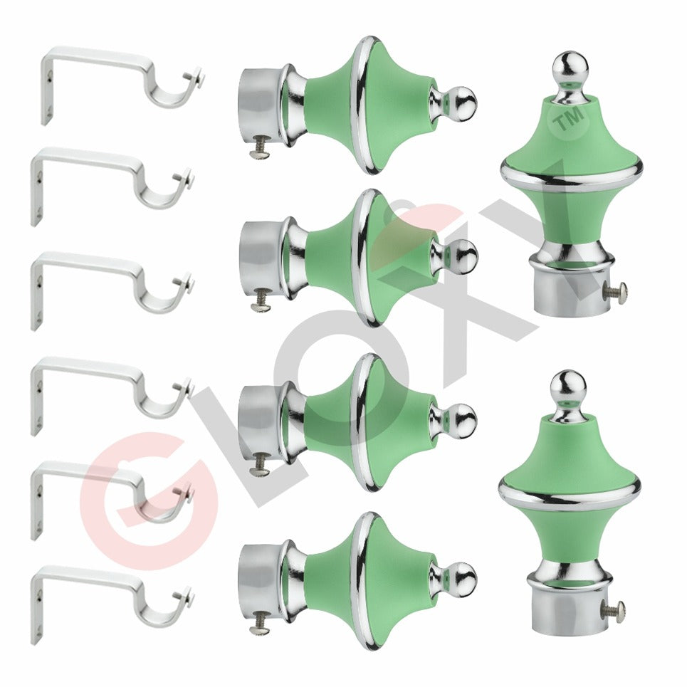 Gloxy Minar Shape Stainless Steel & ABS Curtain Rod Finials with Support– Green 3 Pair