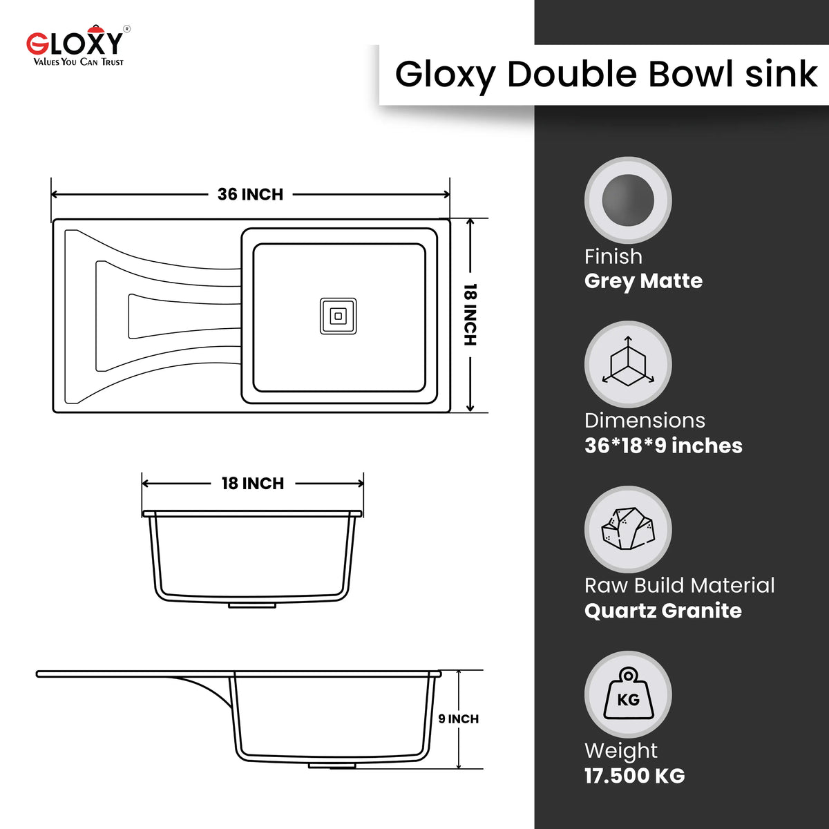 Gloxy Quartz Granite Single Bowl Kitchen Sink with Drain Board | 36 × 18 × 9 Inches (Grey Matte)