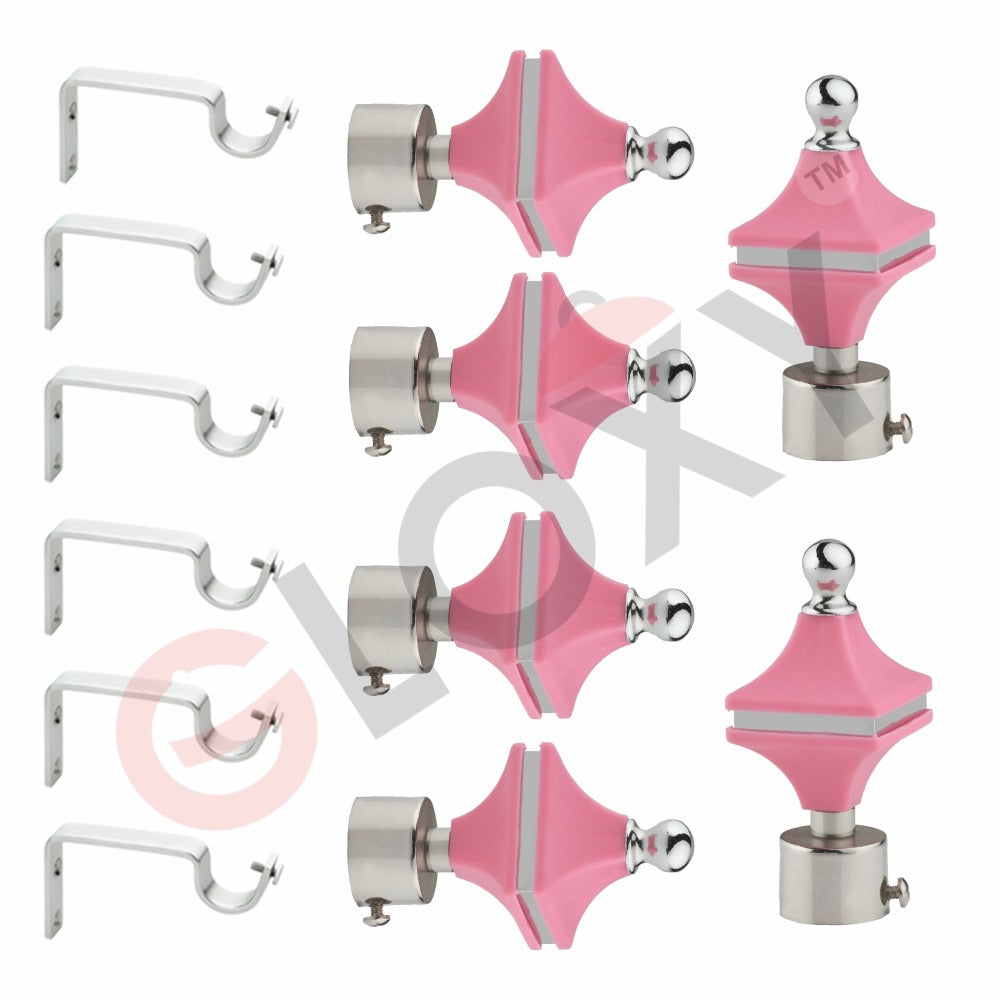 Gloxy Hexa Shape Stainless Steel & ABS Curtain Rod Finials with Support– Pink 3 Pair