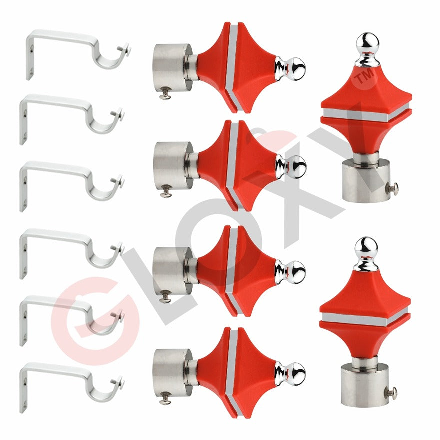 Gloxy Hexa Shape Stainless Steel & ABS Shape Curtain Rod Finials with Support– Red 3 Pair