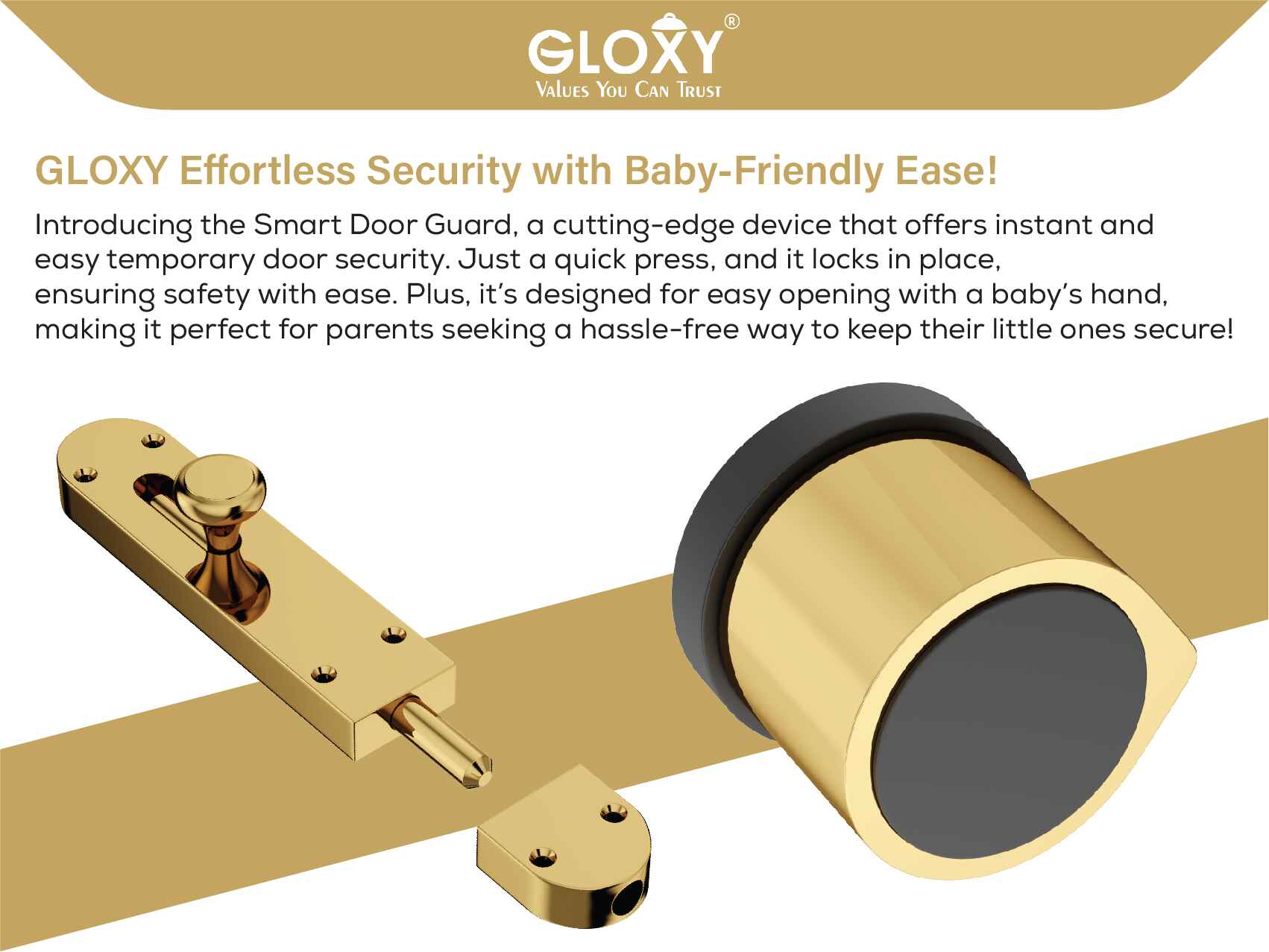 GLOXY Brass Door Lock for Balcony Store Room Door Lock, Mortise Keyless Handle Set with Brass Baby Latch for Home,Office,Hotel | Gold & Black Finish (2 Years Warranty, Pack of 1)