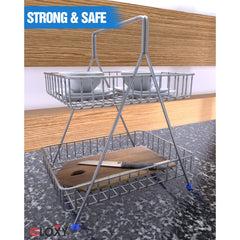 2 Tier Stainless Steel Fruit Basket Stand with Net Cover (Silver)