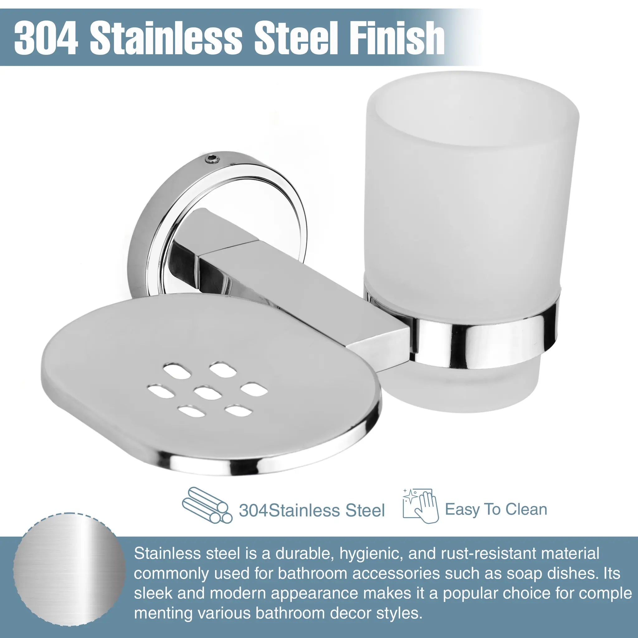 Gloxy Round Shape Stainless Steel 202 Grade Chrome Finish Single Soap Holder With Glass Tumbler Holder
