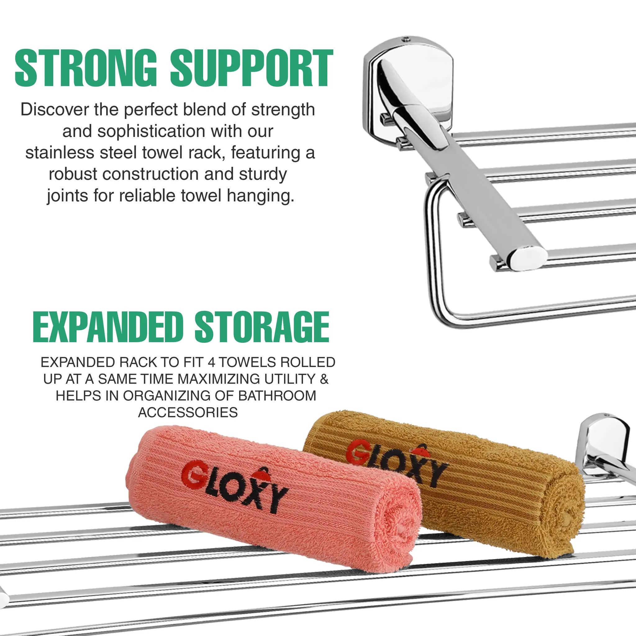 Gloxy Rectangular Shape Stainless Steel Chrome Finsih Towel Rack with Towel Hanger-24 Inch