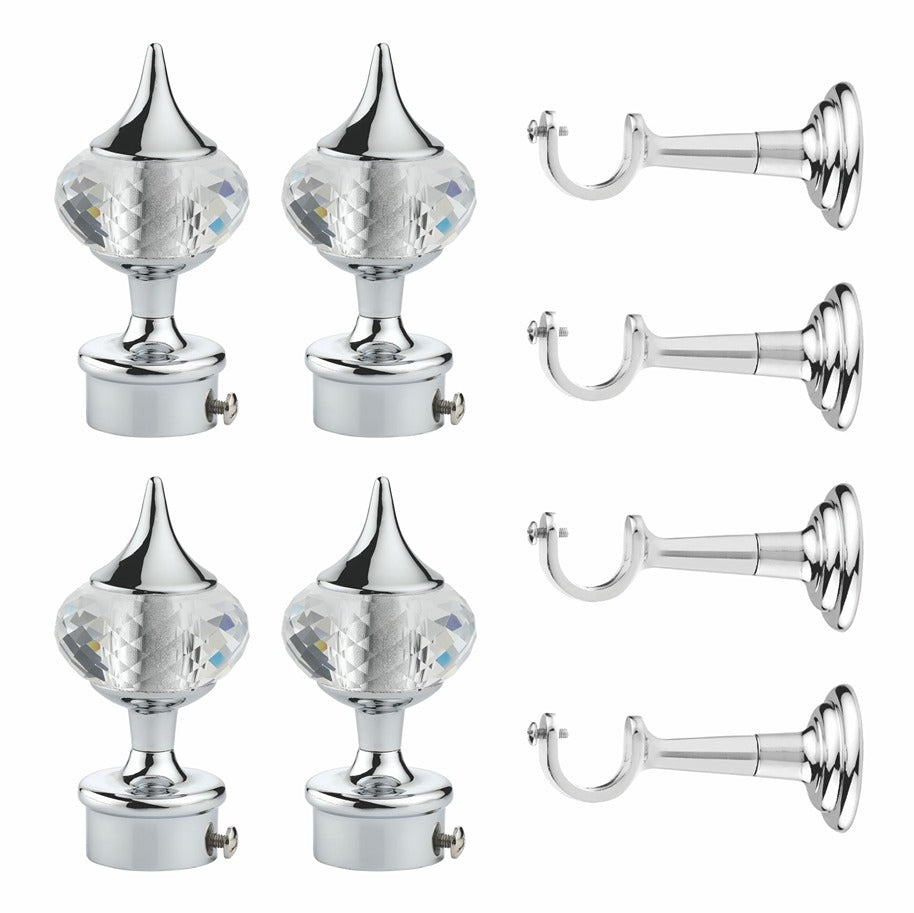 Gloxy Single Diamond Aluminium Curtain Rod Finials with Support– Silver 2 Pair