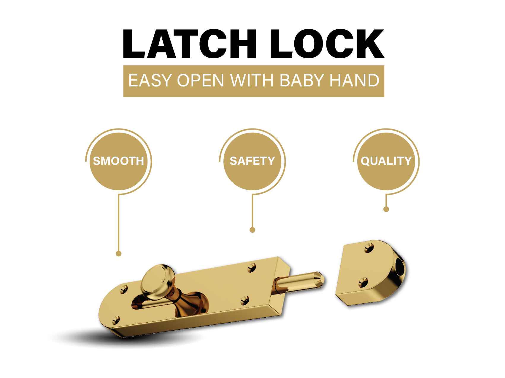 GLOXY Brass Door Lock for Balcony Store Room Door Lock, Mortise Keyless Handle Set with Brass Baby Latch for Home,Office,Hotel | Gold & Black Finish (2 Years Warranty, Pack of 1)