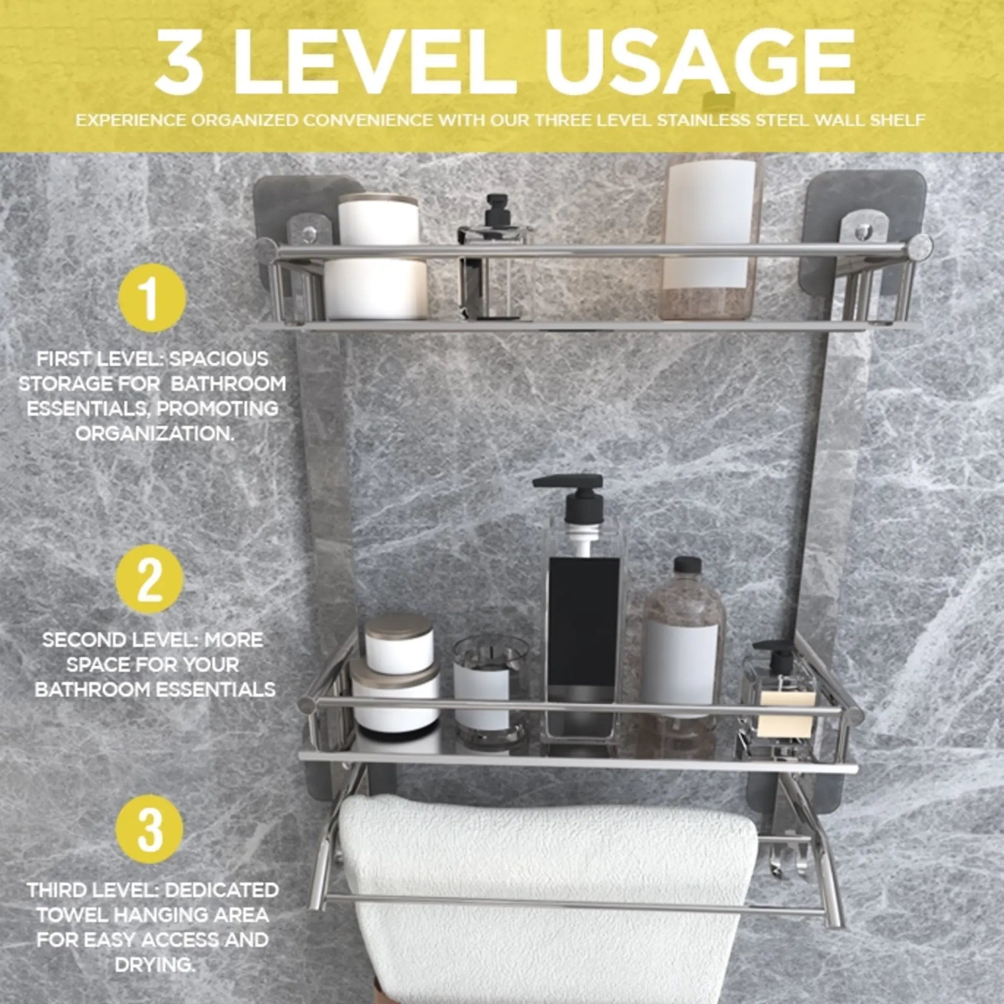 Gloxy Stainless Steel 3-Layer Chrome Finish Bathroom Shelf with Towel Holder-Adhesive Sticker Installation