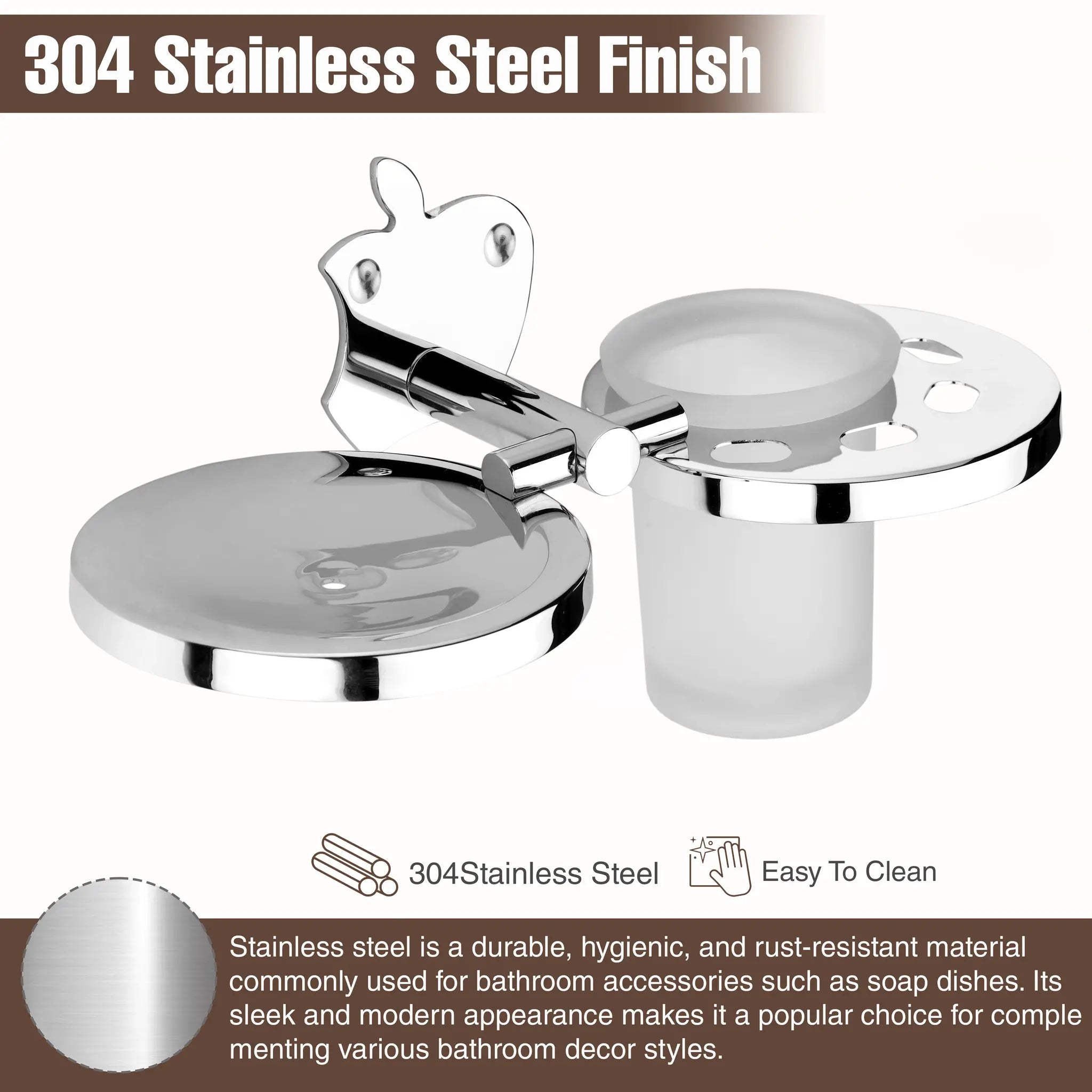 Gloxy Apple Shape Stainless Steel 304 Grade Chrome Finish Single Soap Holder With Glass Tumbler Holder