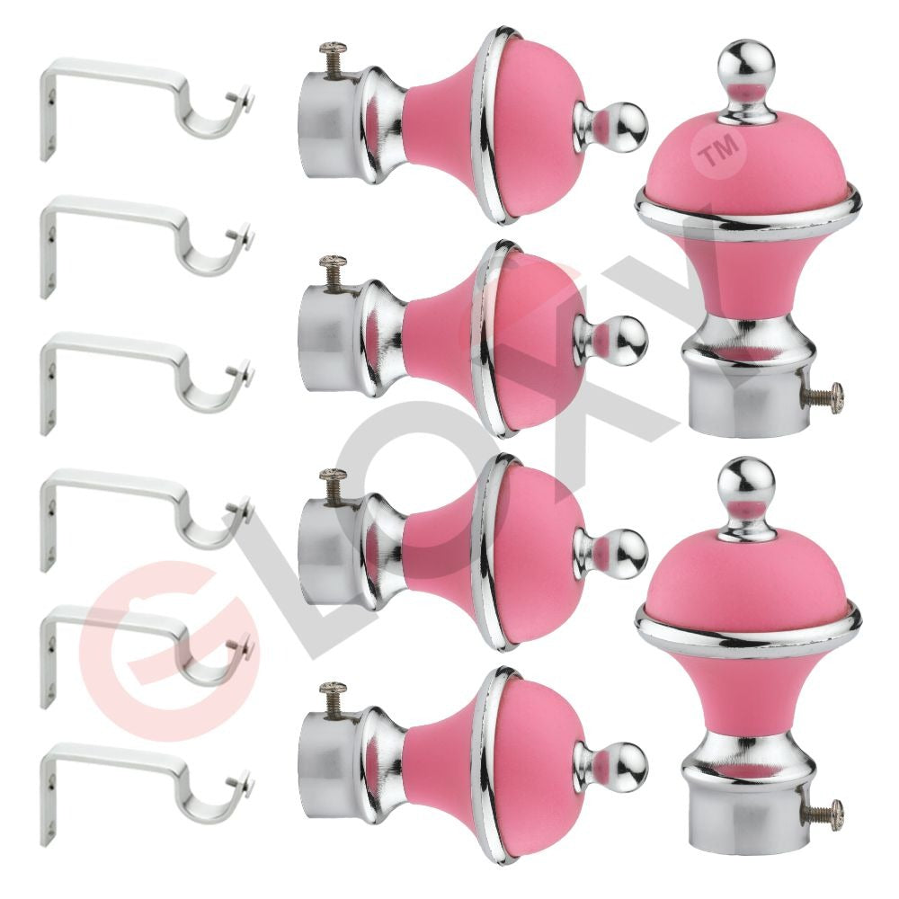 Gloxy Manjira Shape Stainless Steel & ABS Curtain Rod Finials with Support– Pink 3 Pair