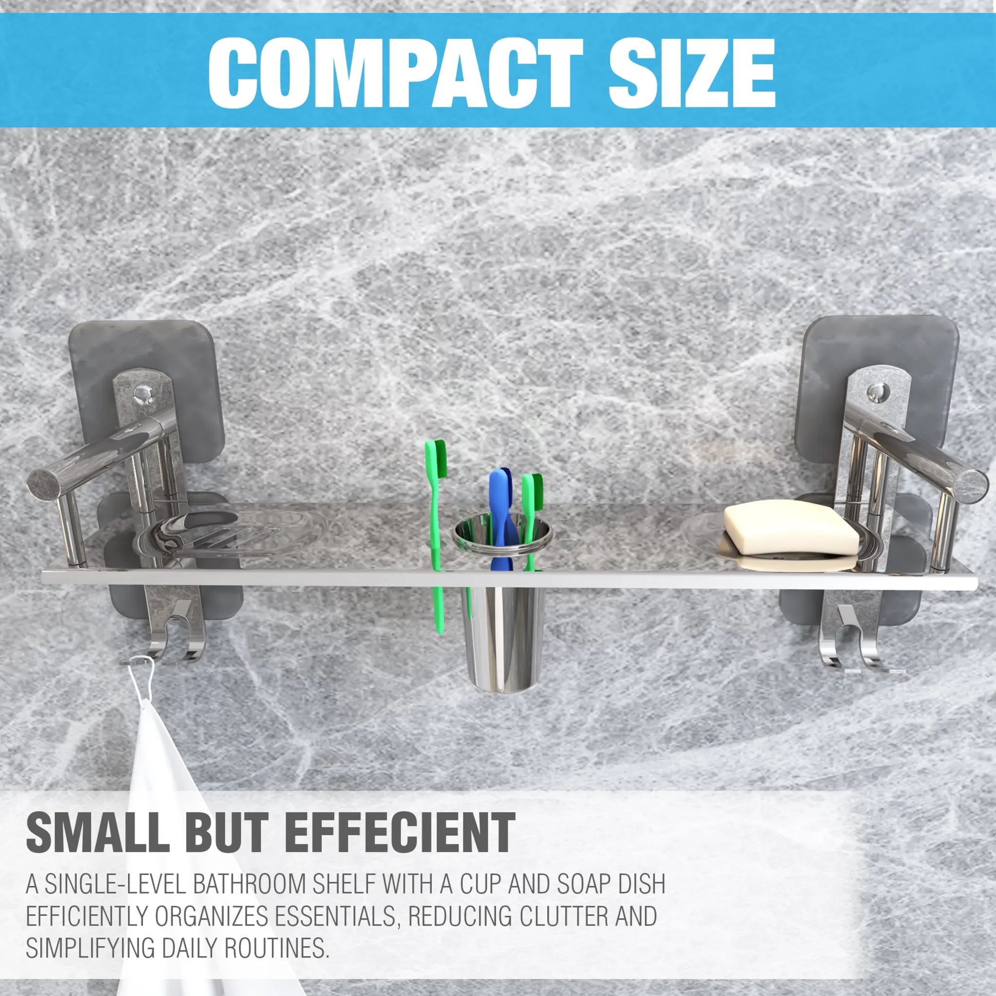 Gloxy Stainless Steel 1-Layer Chrome Finish Bathroom Shelf with Tumbler Holder-Adhesive Sticker Installation
