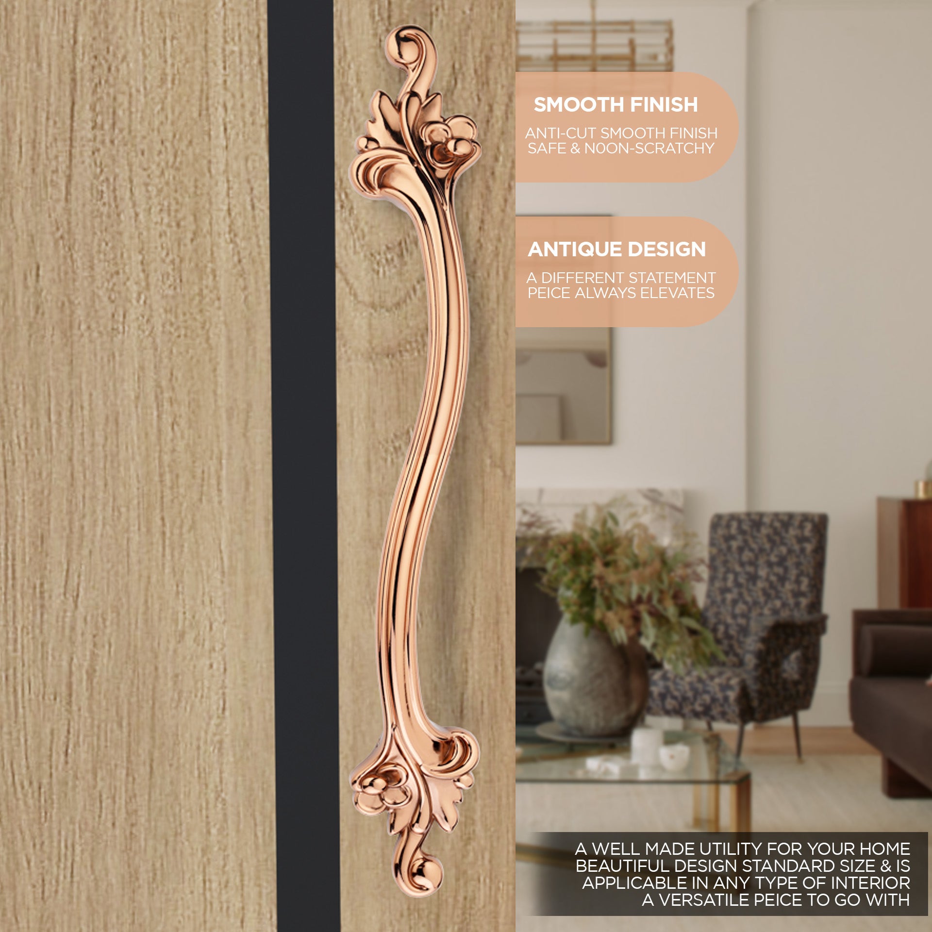 GLOXY Aluminium Flower Design for Main Door Handle Decorative Push & Pull Door Handle Knocker with Vintage Stylish Look for Glass and Wooden Door -Rose Gold