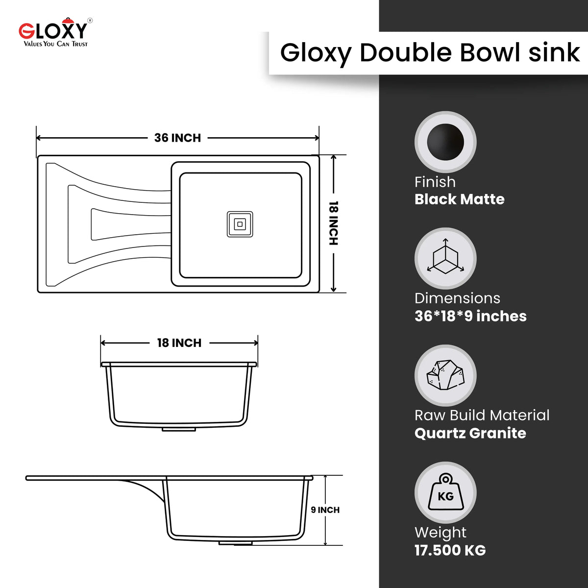 Gloxy Quartz Granite Single Bowl Kitchen Sink with Drain Board | 36 × 18 × 9 Inches (Black Matte)