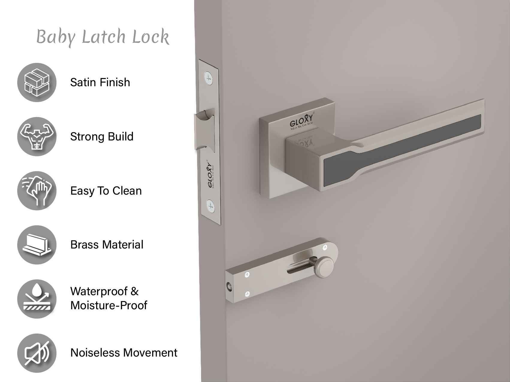 GLOXY Brass Door Lock for Balcony Store Room Door Lock, Mortise Keyless Handle Set with Brass Baby Latch for Home,Office,Hotel | Satin Finish (2 Years Warranty, Pack of 1)