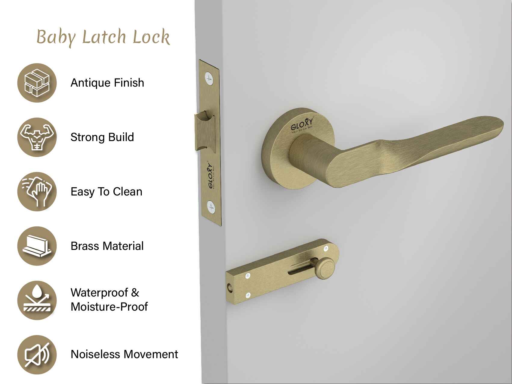 GLOXY Brass Door Lock for Balcony Store Room Door Lock, Mortise Keyless Handle Set with Brass Baby Latch for Home,Office,Hotel | Antique Finish (2 Years Warranty, Pack of 1)