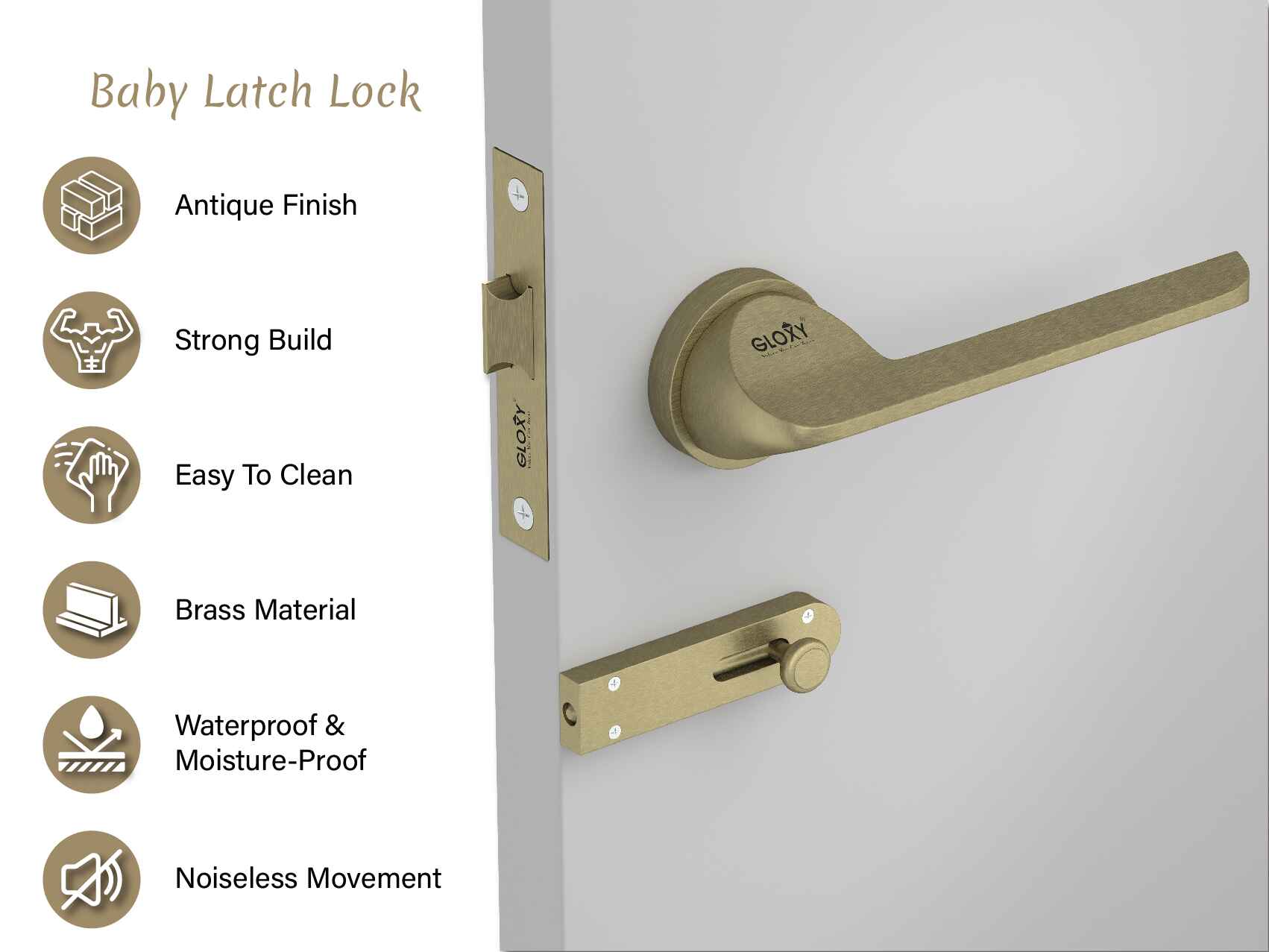 GLOXY Brass Door Lock for Balcony Store Room Door Lock, Mortise Keyless Handle Set with Brass Baby Latch for Home,Office,Hotel | Antique Finish (2 Years Warranty, Pack of 1)