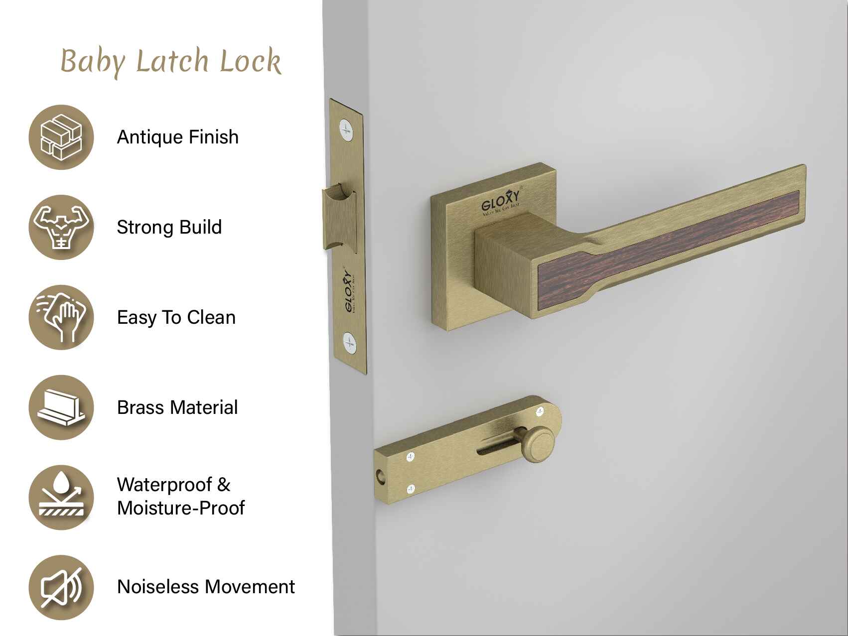 GLOXY Brass Door Lock for Balcony Store Room Door Lock, Mortise Keyless Handle Set with Brass Baby Latch for Home,Office,Hotel | Antique Finish (2 Years Warranty, Pack of 1)