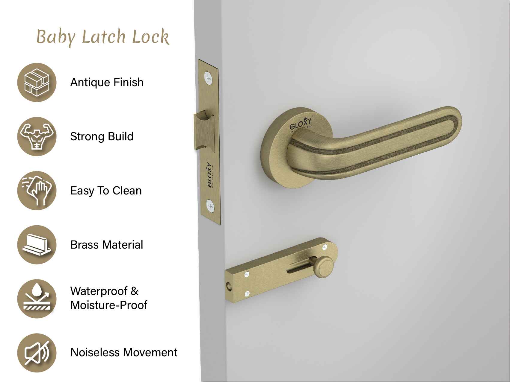 GLOXY Brass Door Lock for Balcony Store Room Door Lock, Mortise Keyless Handle Set with Brass Baby Latch for Home,Office,Hotel | Antique Finish (2 Years Warranty, Pack of 1)