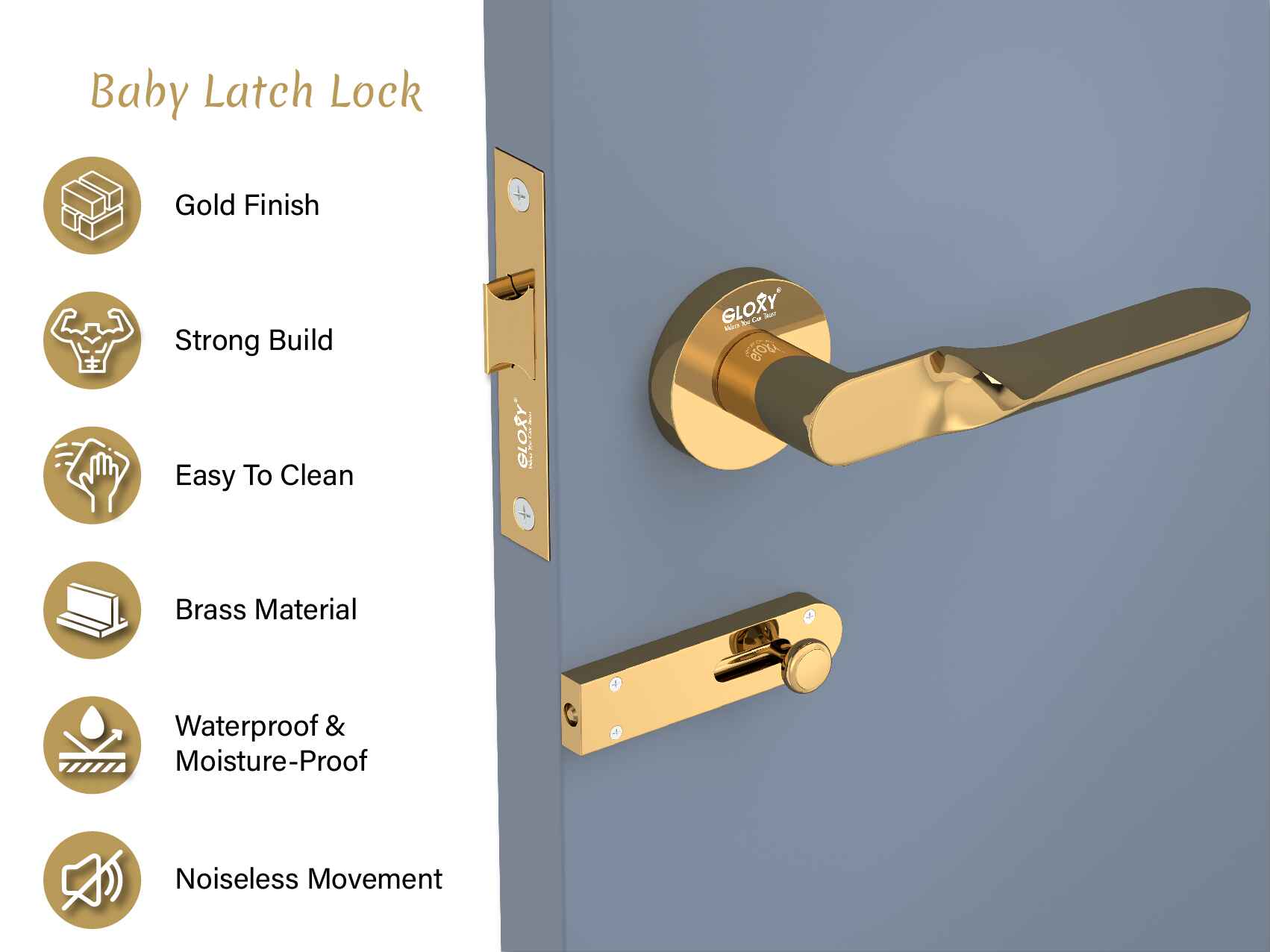 GLOXY Brass Door Lock for Balcony Store Room Door Lock, Mortise Keyless Handle Set with Brass Baby Latch for Home,Office,Hotel | Gold & Black Finish (2 Years Warranty, Pack of 1)