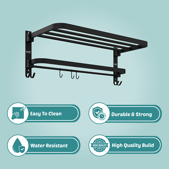 Gloxy Round Shape Stainless Steel Black Finsih Folding 2-Bar Towel Rack with Adjustable Hook-24 Inch