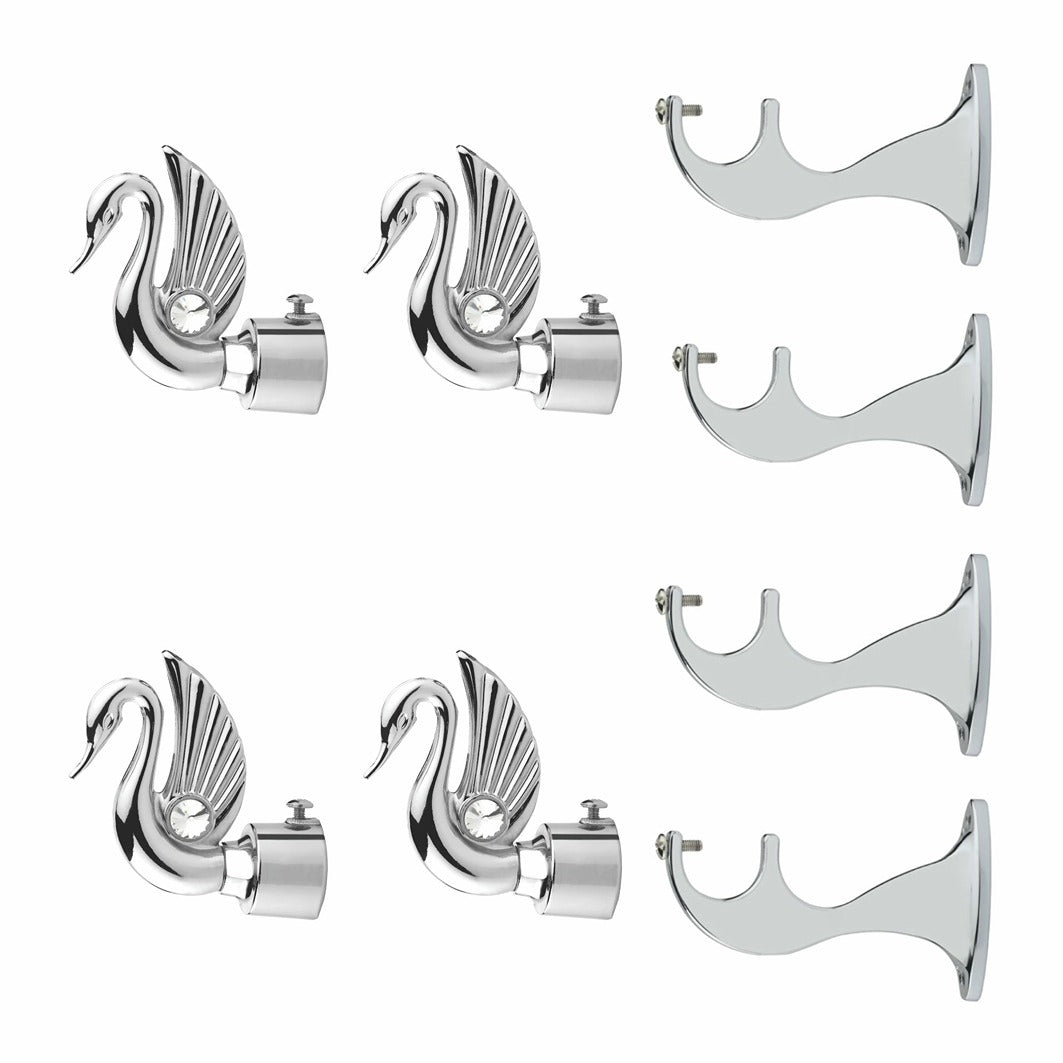 Gloxy Swan Bird Shape Aluminium Curtain Rod Finials with Support– Silver 2 Pair