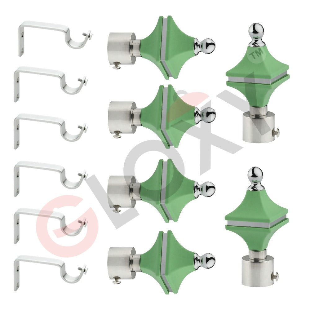 Gloxy Hexa Shape Stainless Steel & ABS Curtain Rod Finials with Support– Green 3 Pair