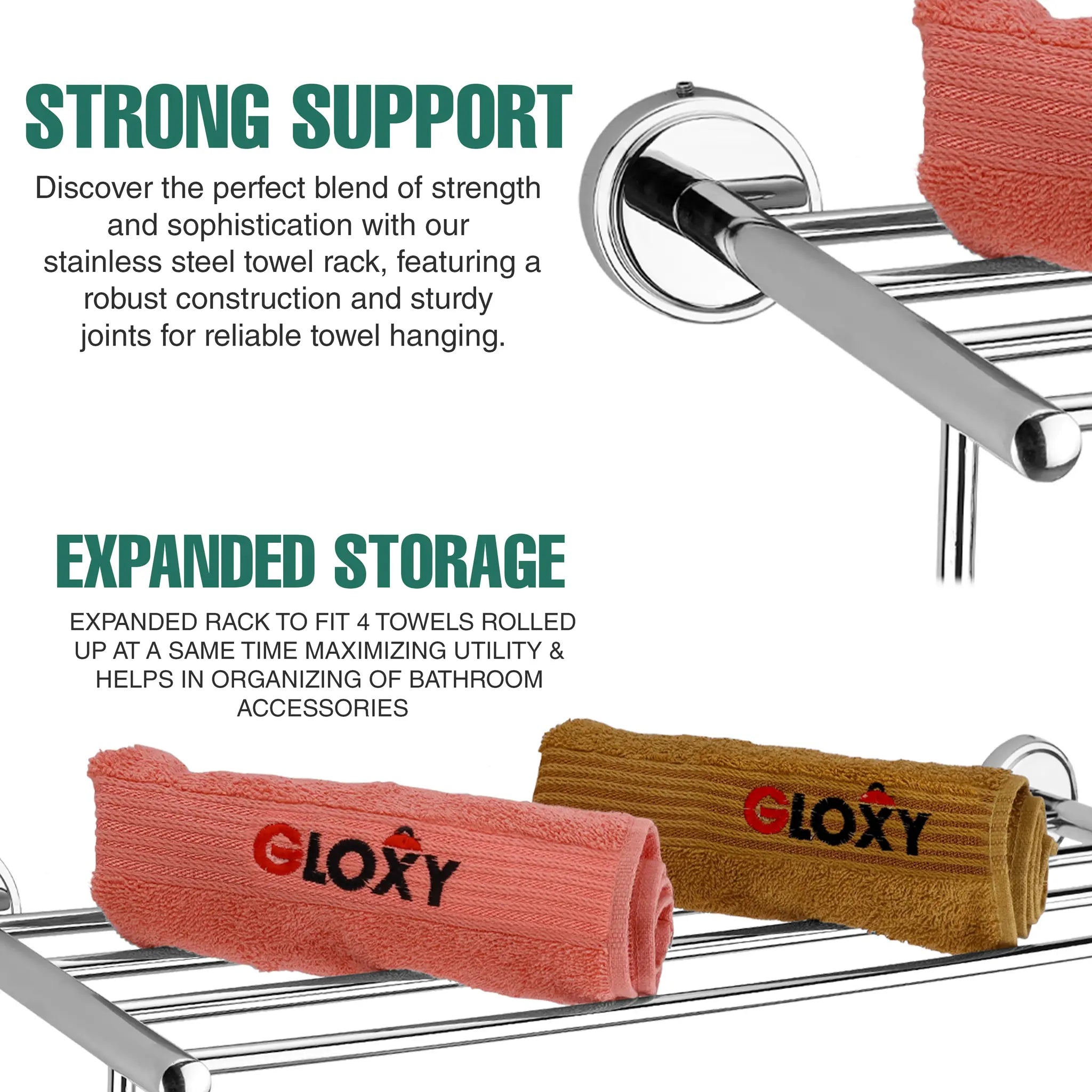 Micro Shape Stainless Steel SS202 Towel Rack (65 X 20 X 11 Centimeters, Silver)-by GLOXY®